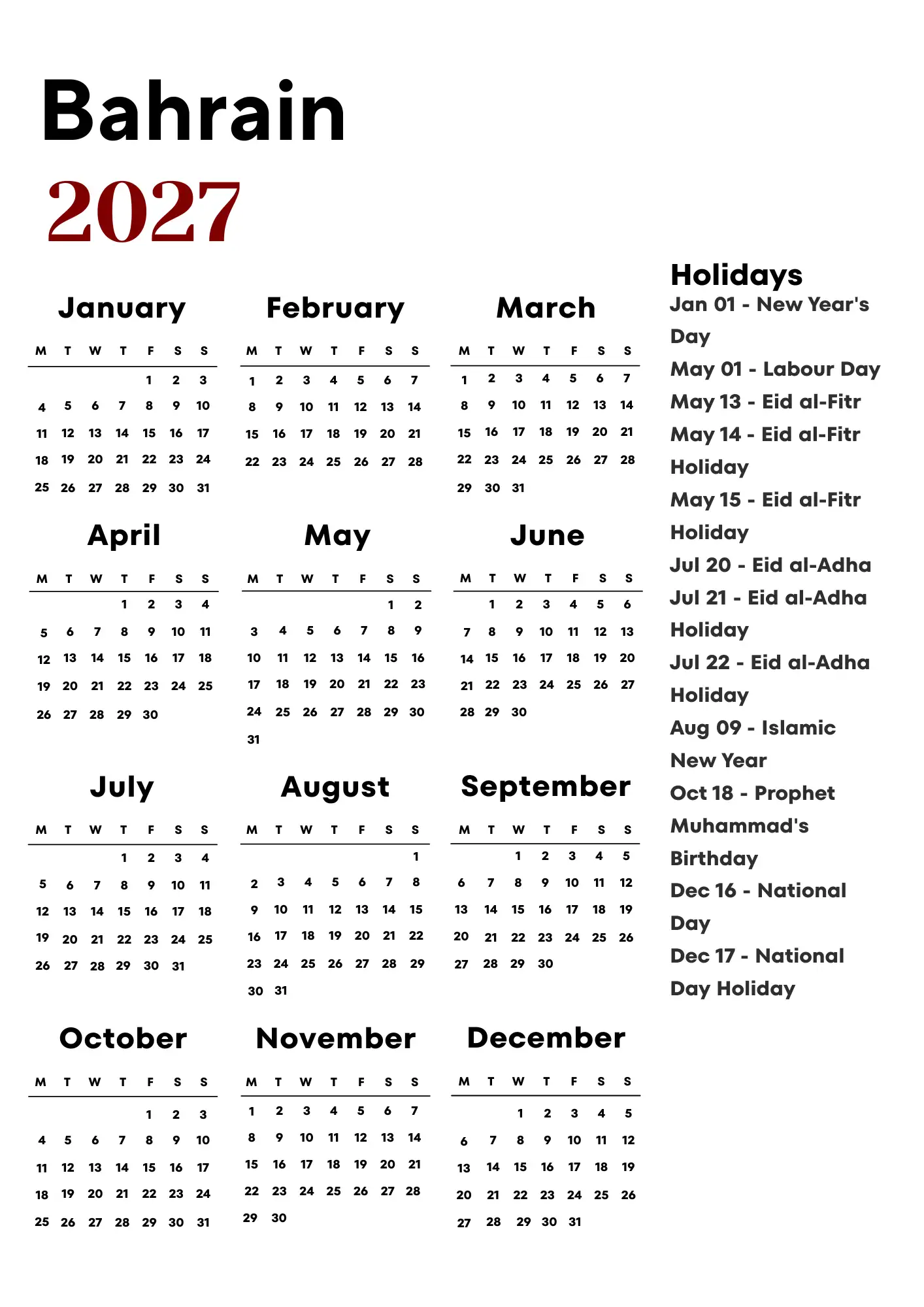 Bahrain Calendar 2027