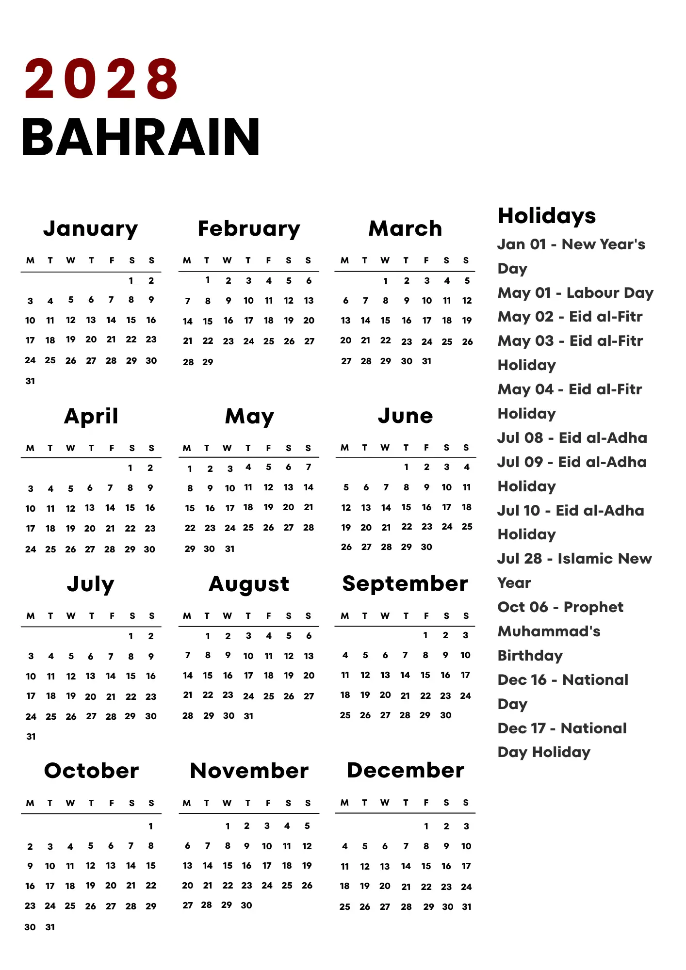 Bahrain Calendar 2028