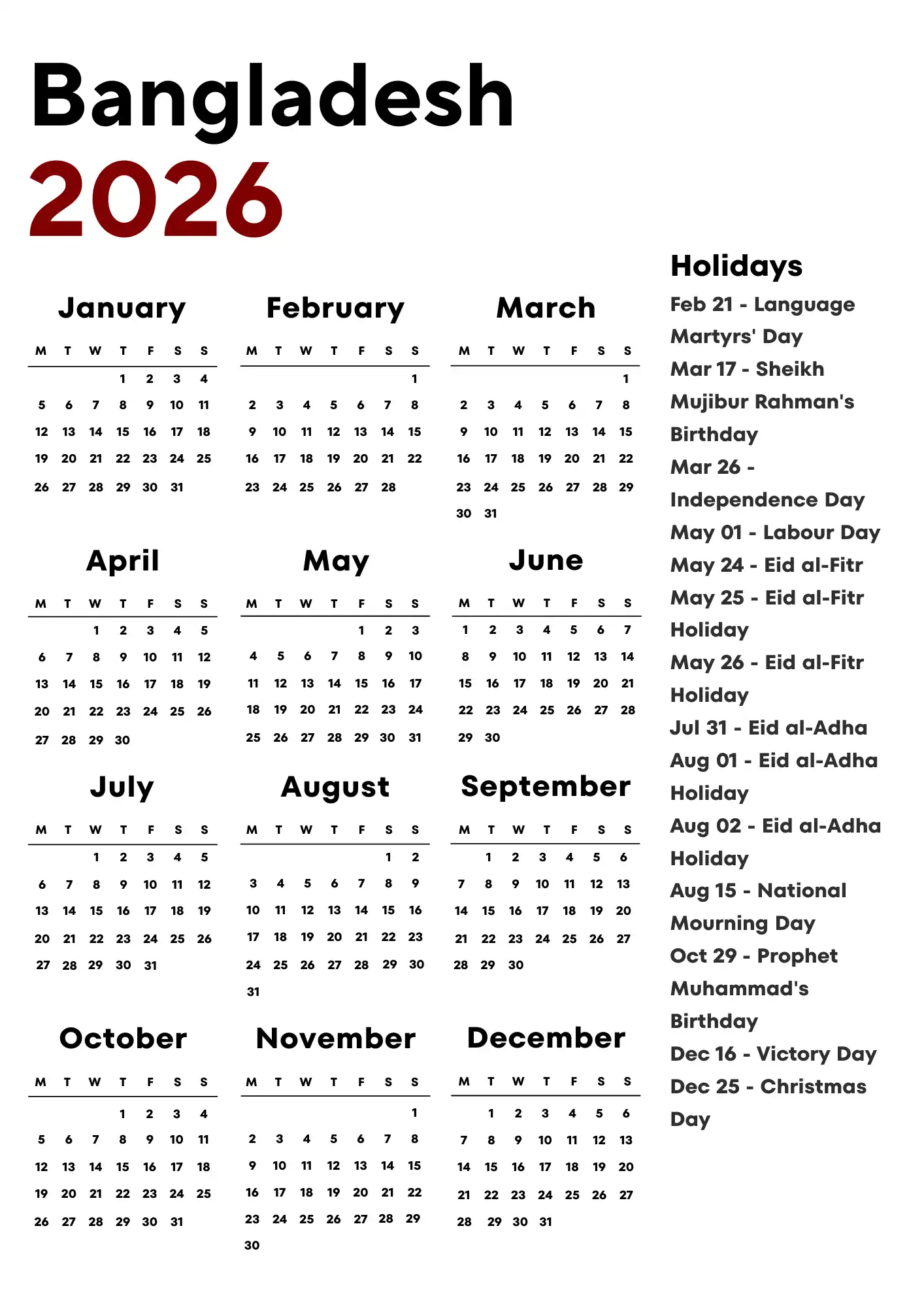 Bangladesh Calendar 2026