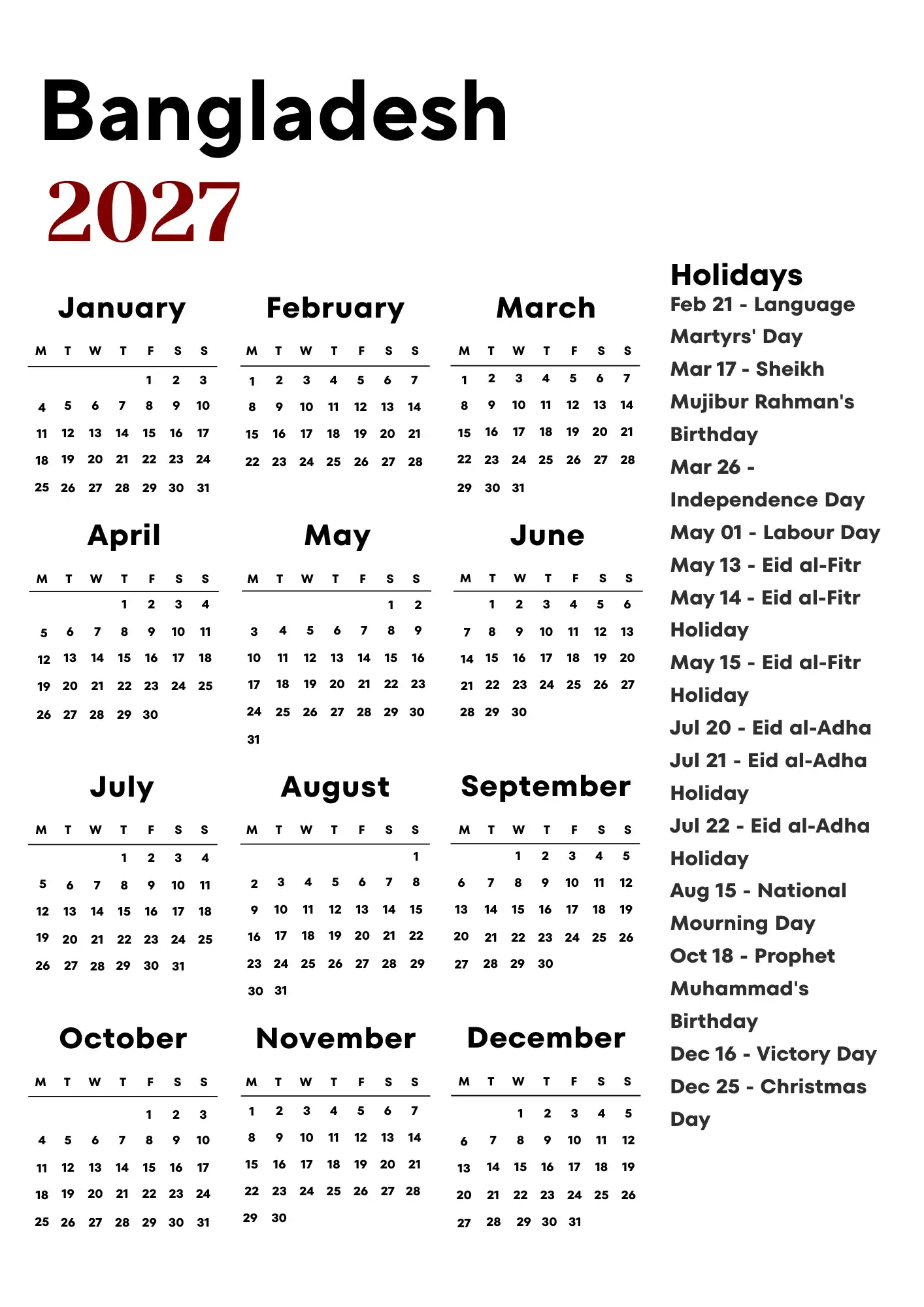 Bangladesh Calendar 2027