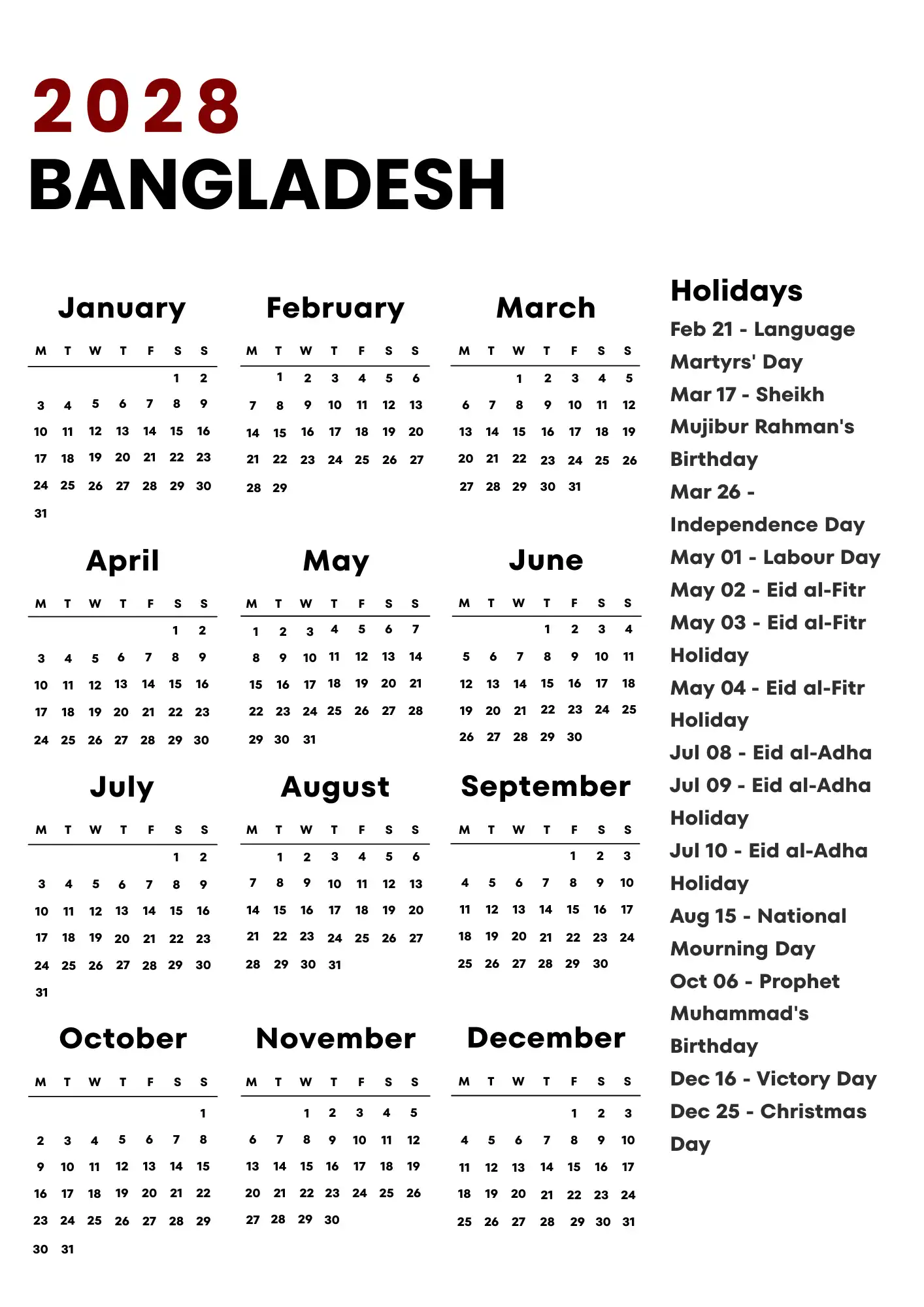 Bangladesh Calendar 2028
