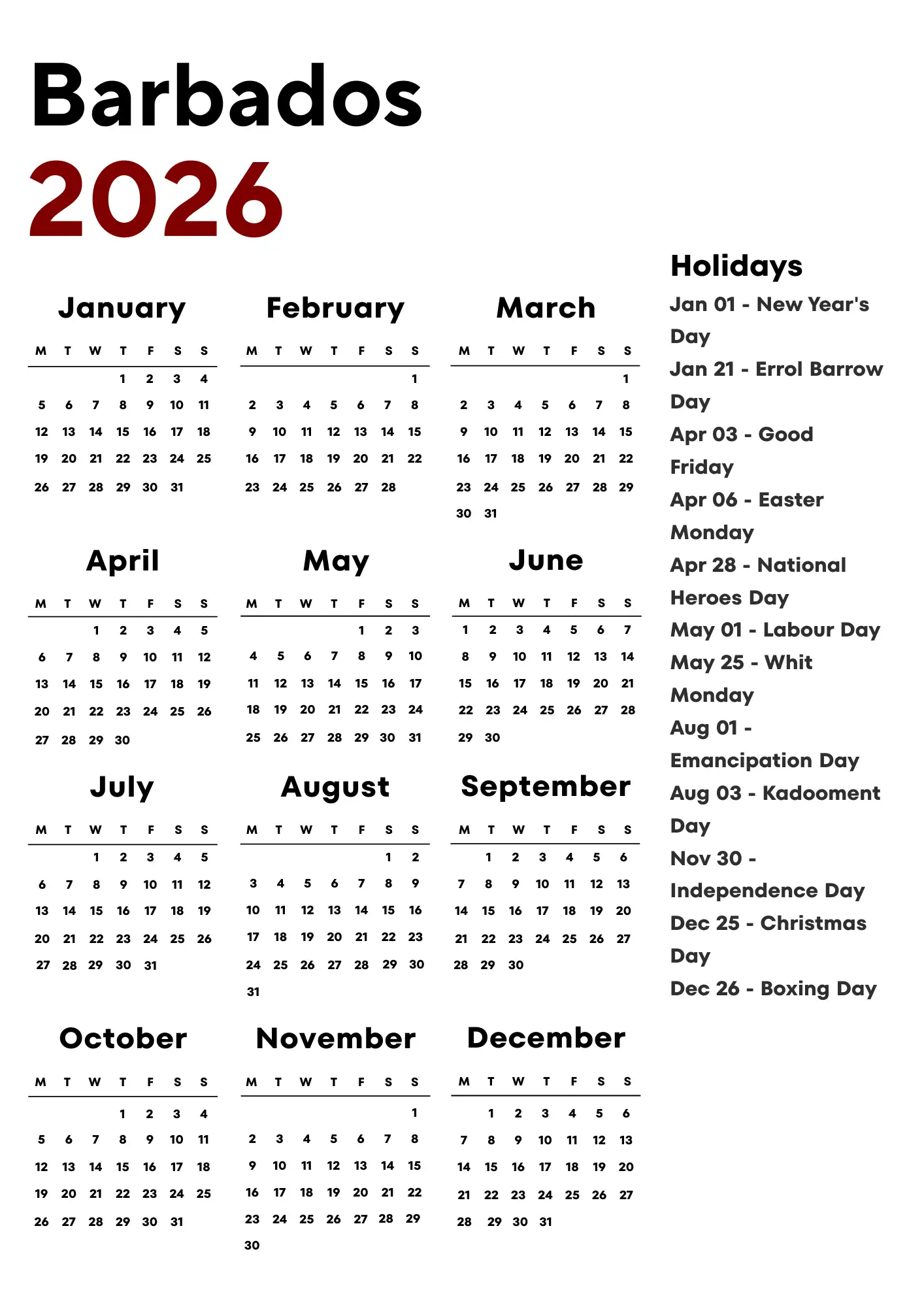 Barbados Calendar 2026