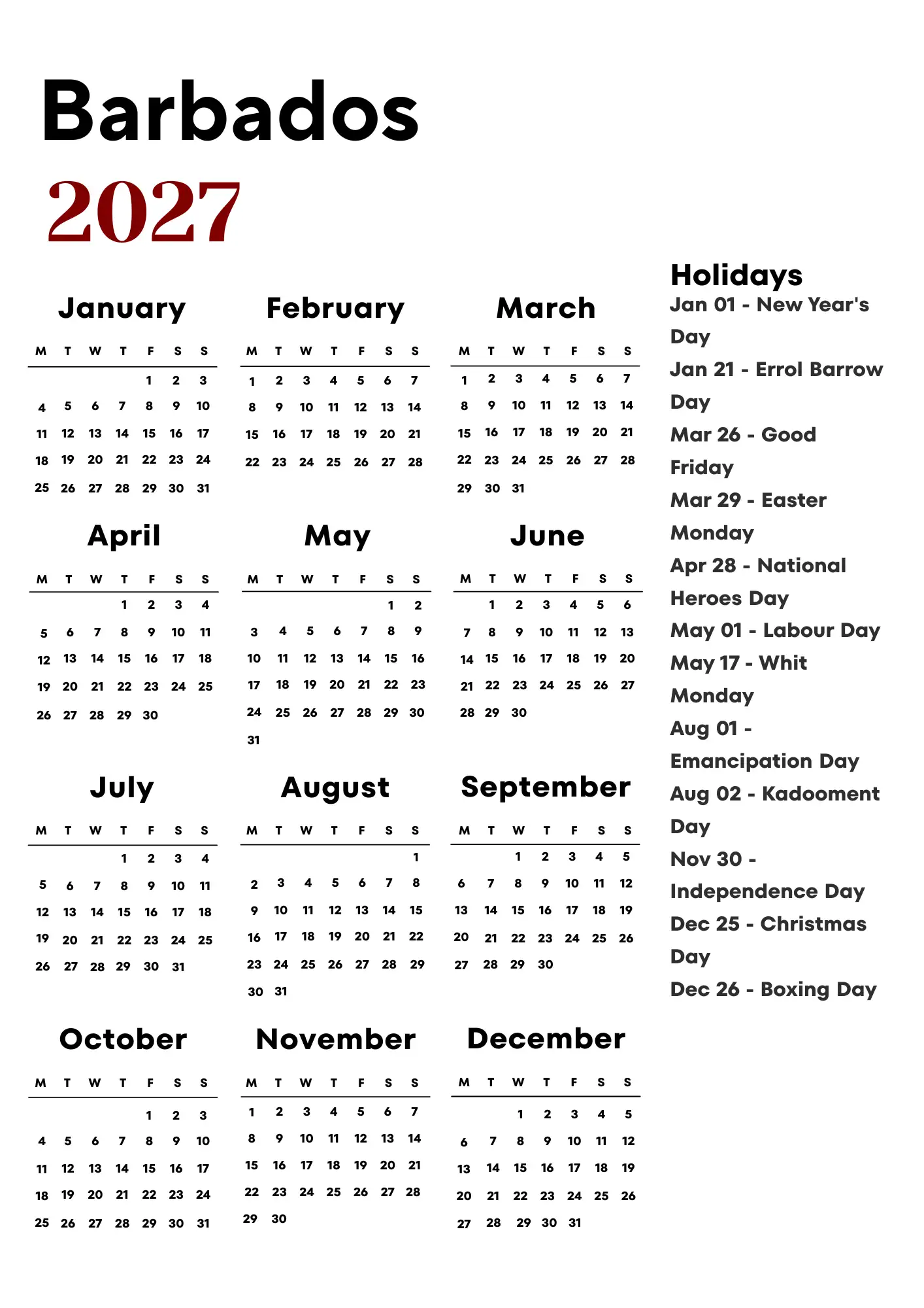 Barbados Calendar 2027