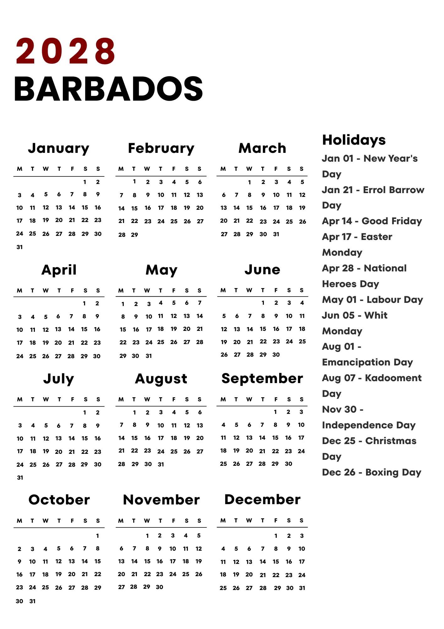 Barbados Calendar 2028