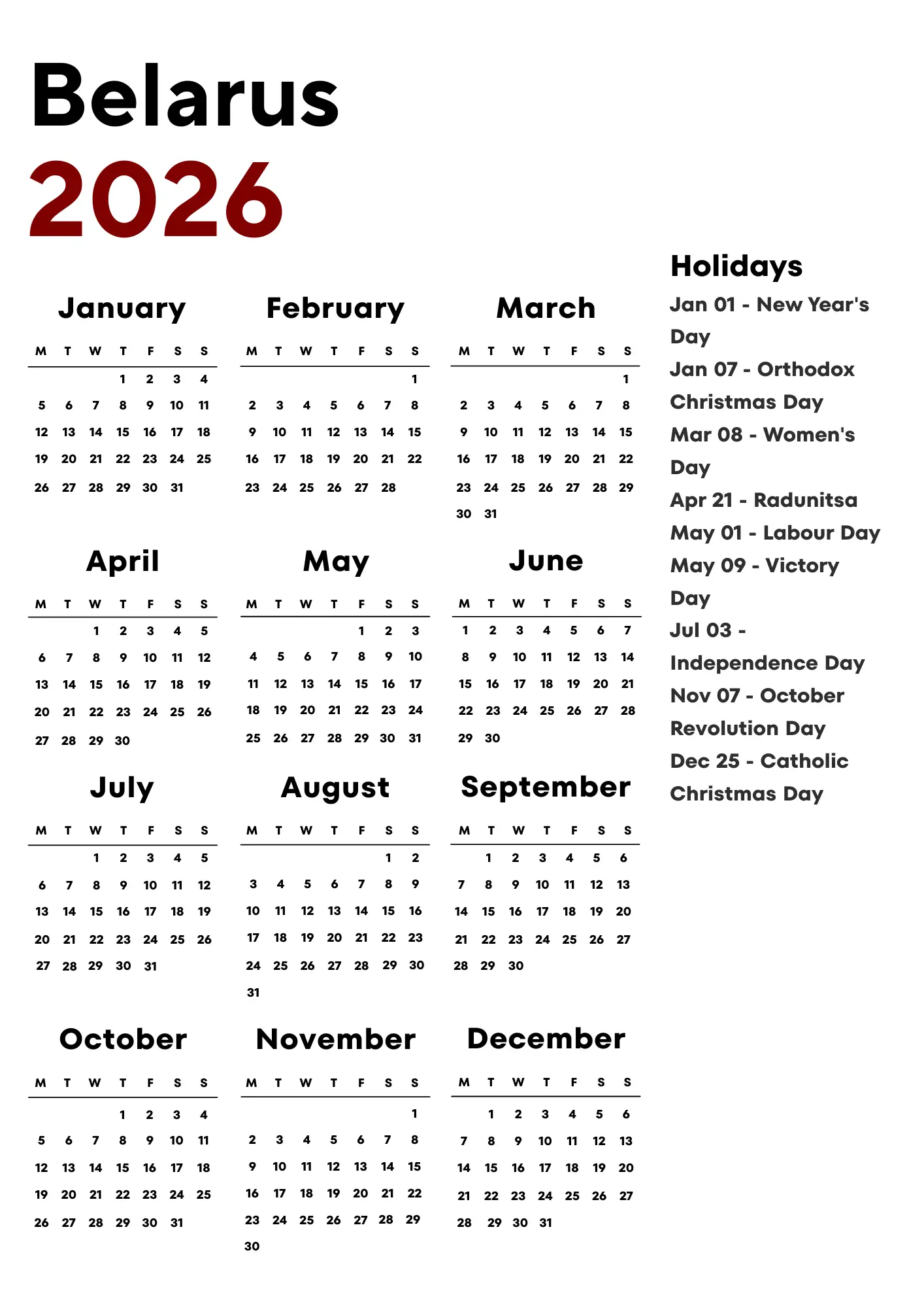 Belarus Calendar 2026