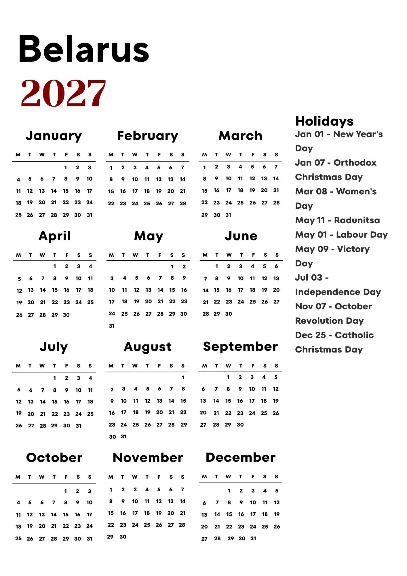 Belarus Calendar 2027