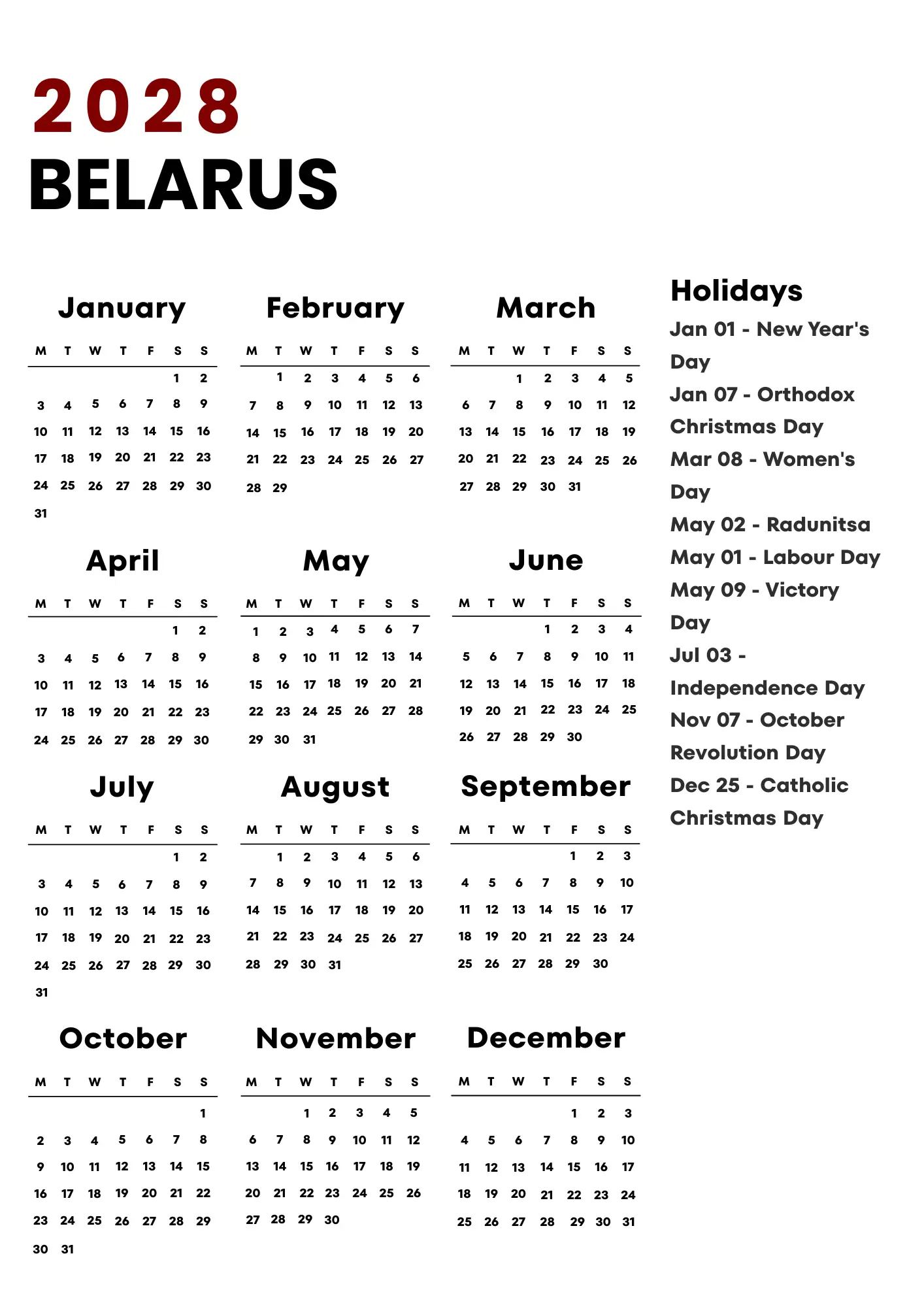 Belarus Calendar 2028