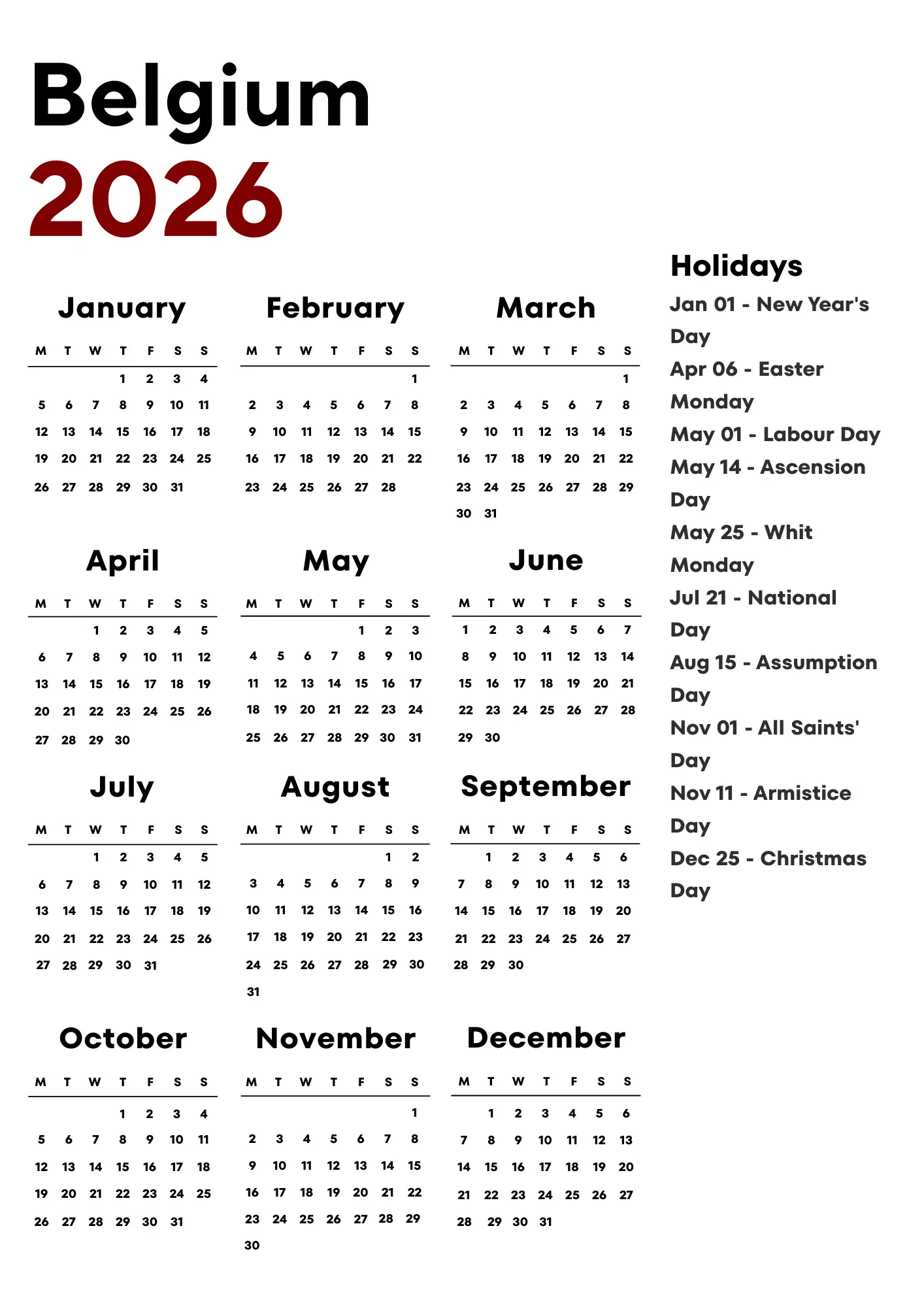 Belgium Calendar 2026