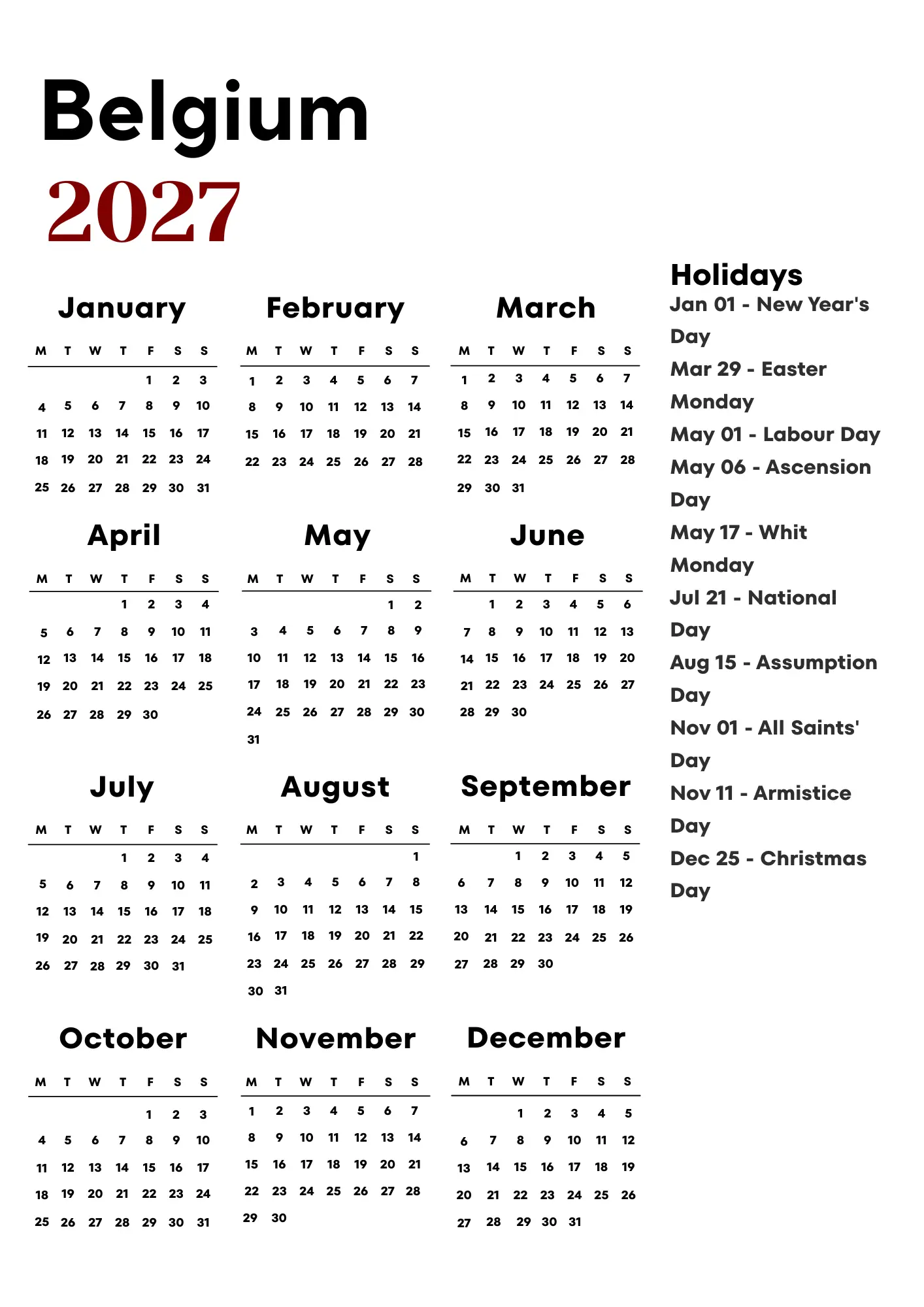Belgium Calendar 2027