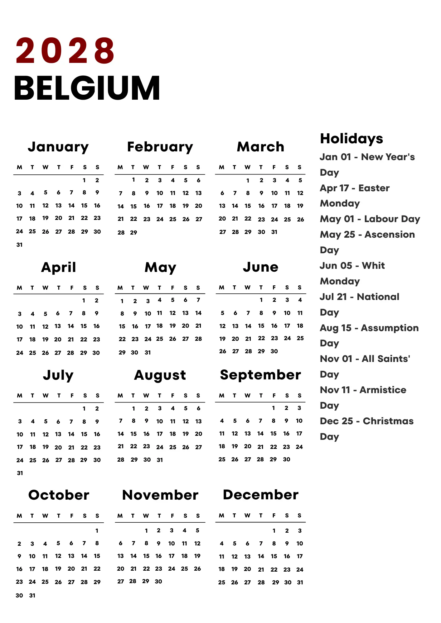 Belgium Calendar 2028