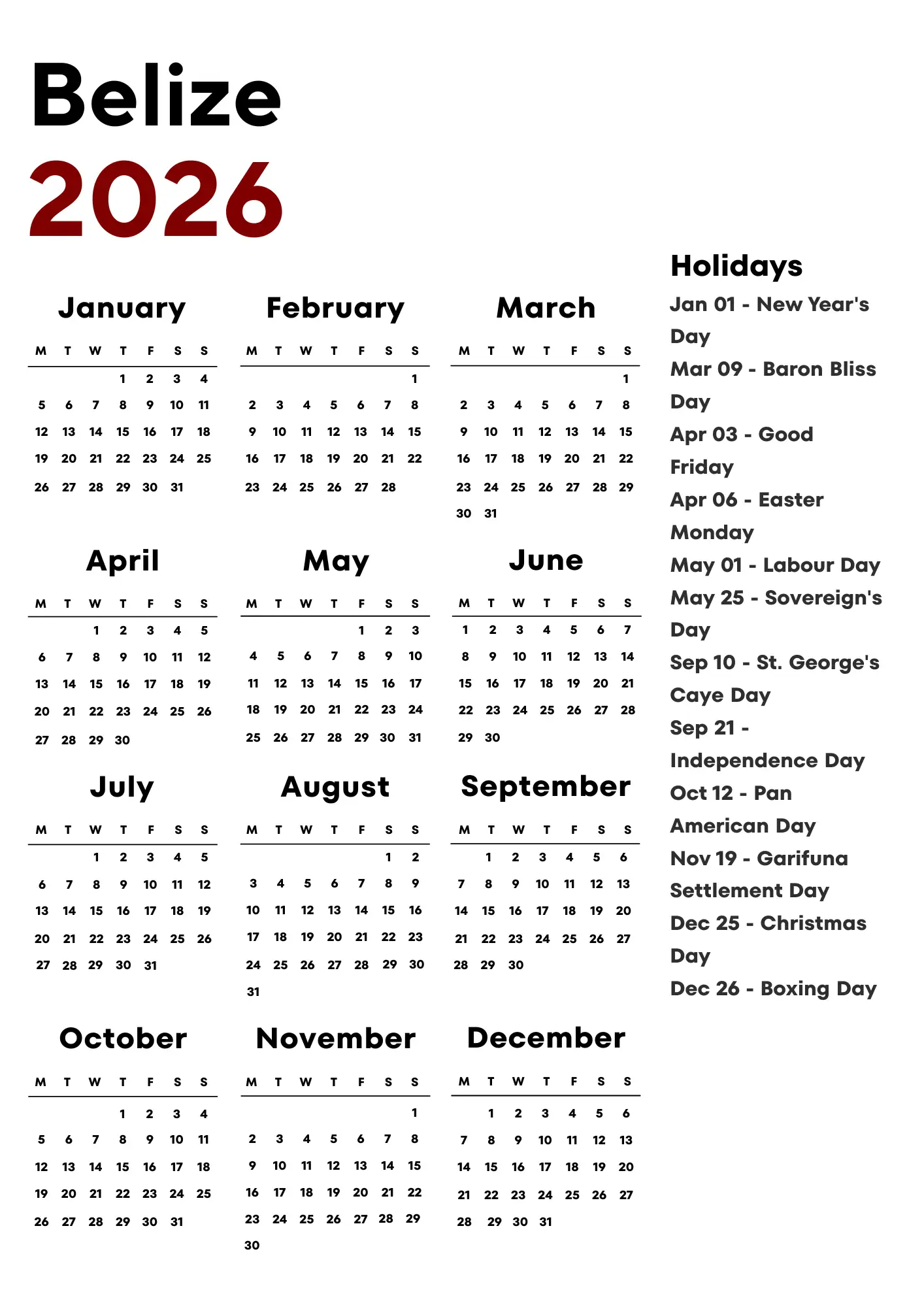 Belize Calendar 2026