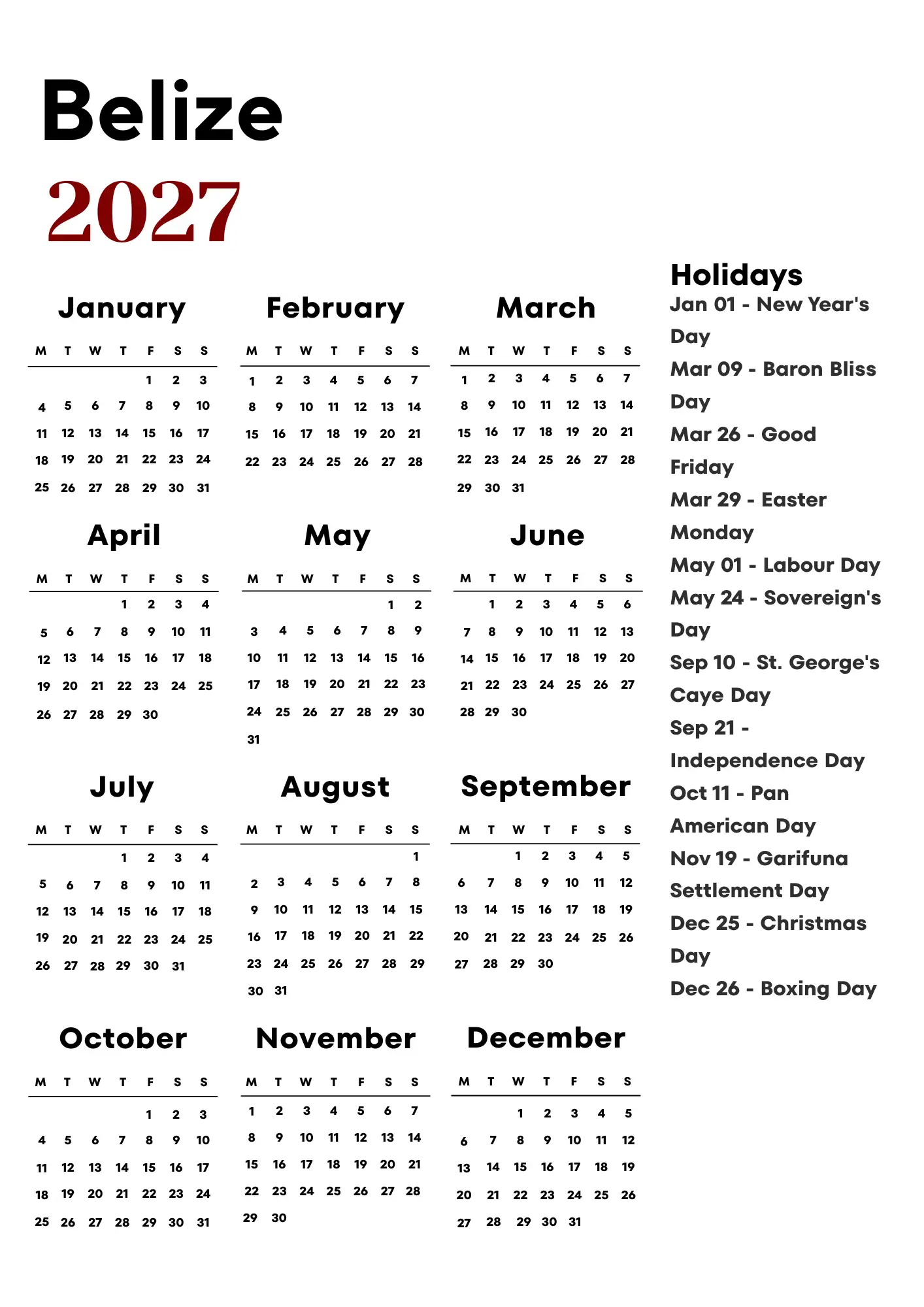 Belize Calendar 2027