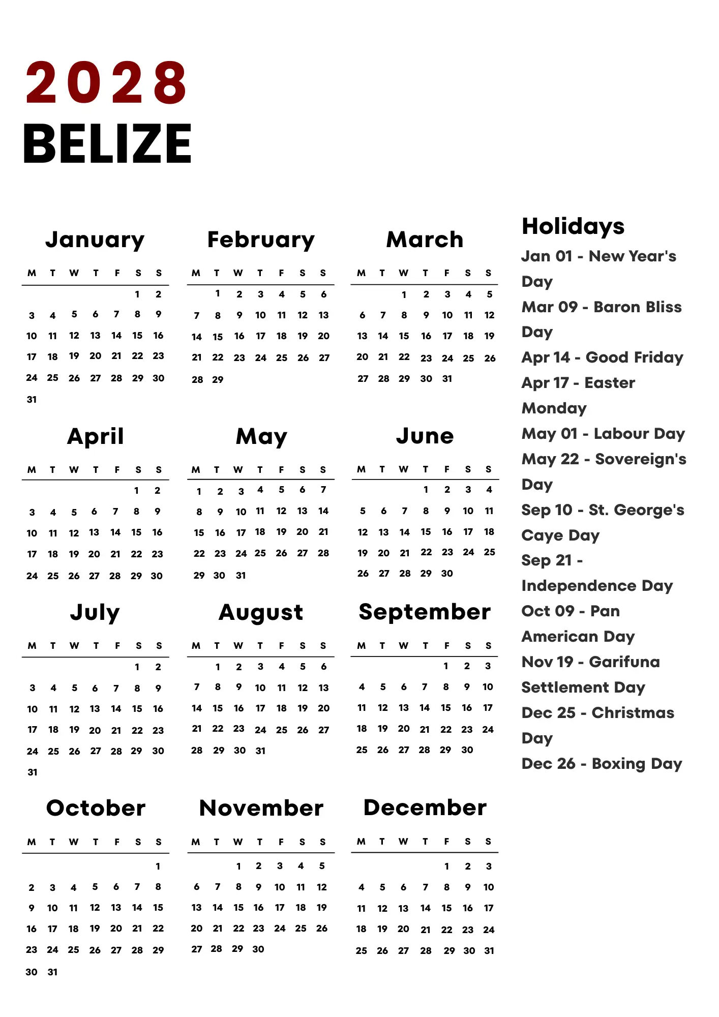 Belize Calendar 2028