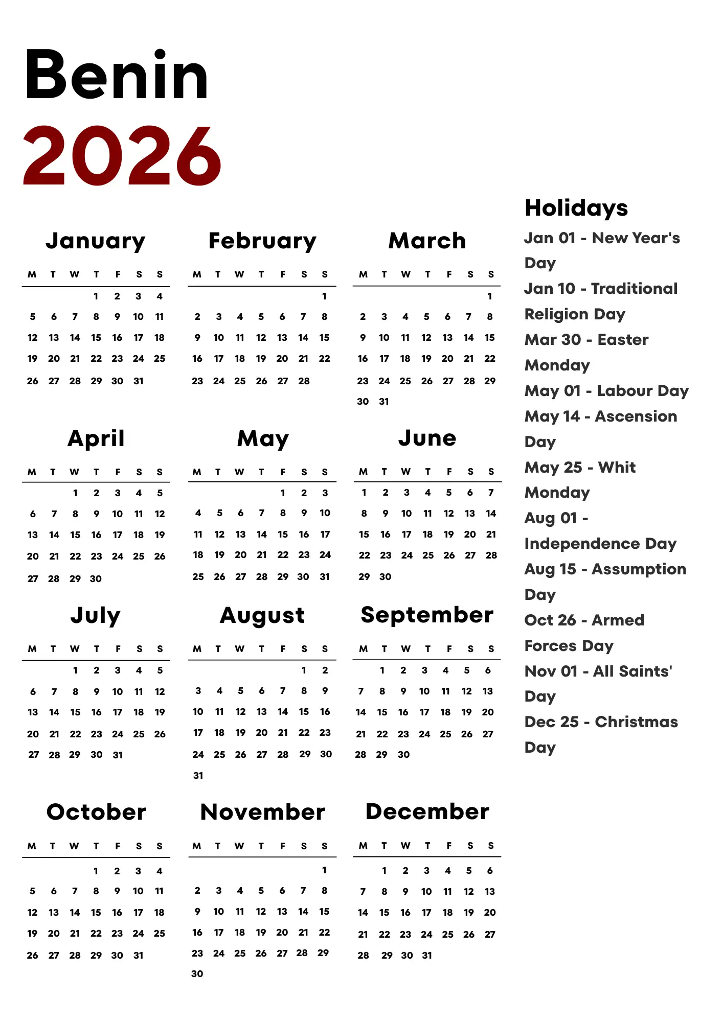 Benin Calendar 2026