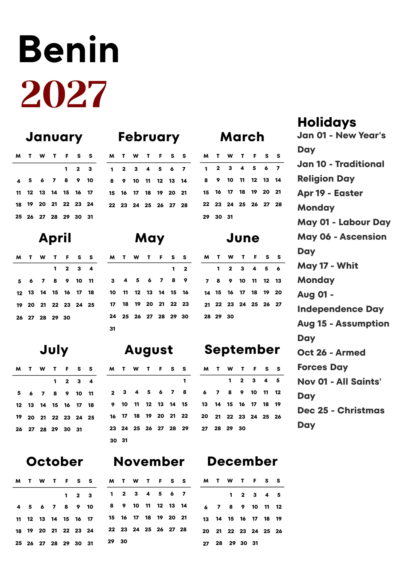 Benin Calendar 2027