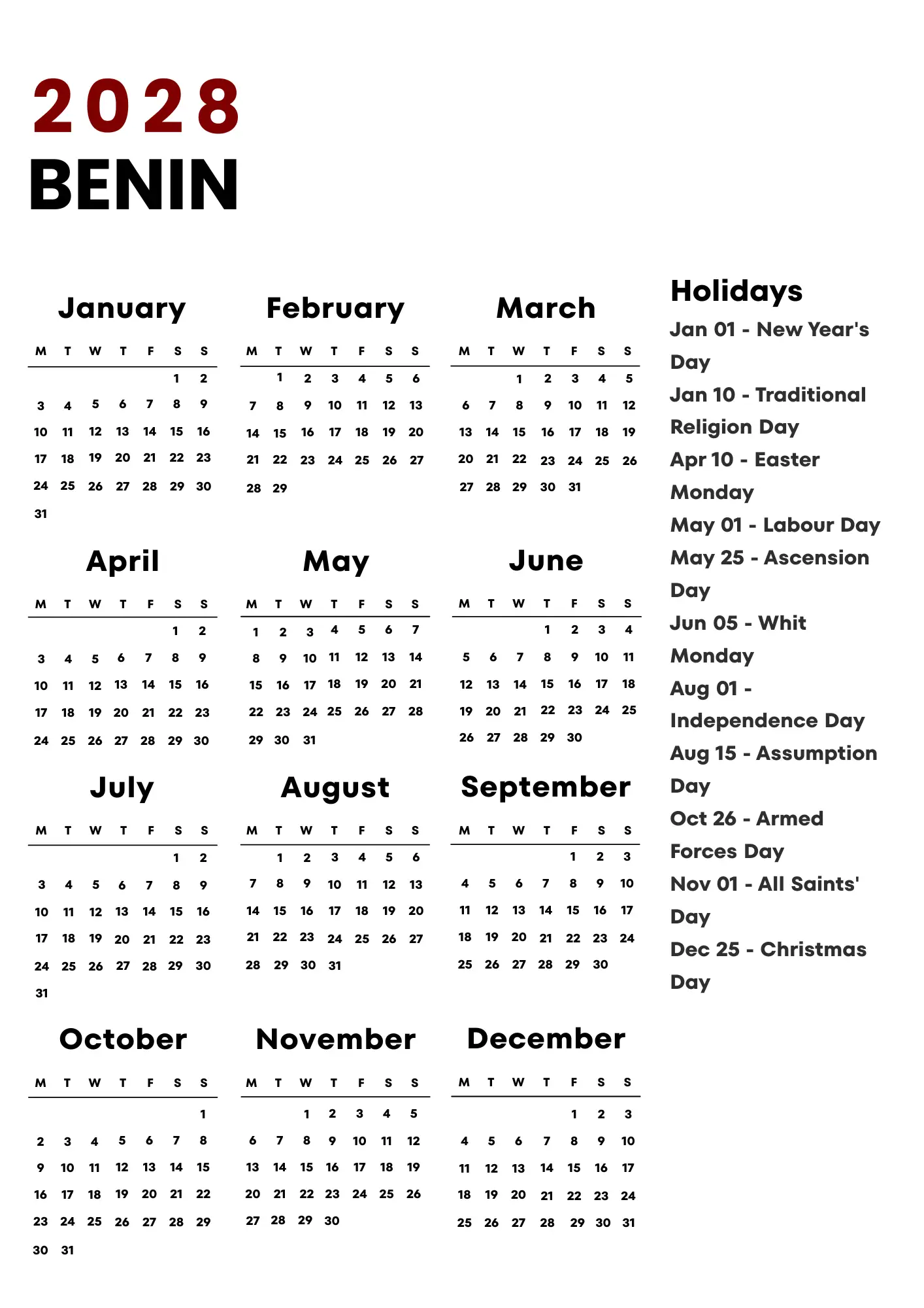 Benin Calendar 2028