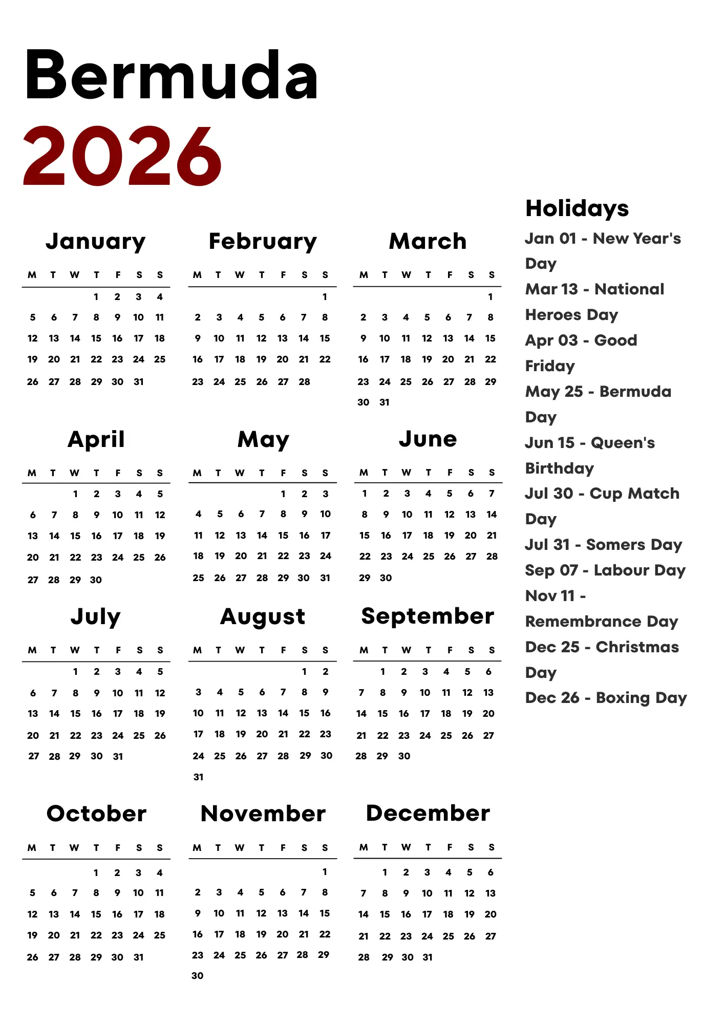 Bermuda Calendar 2026