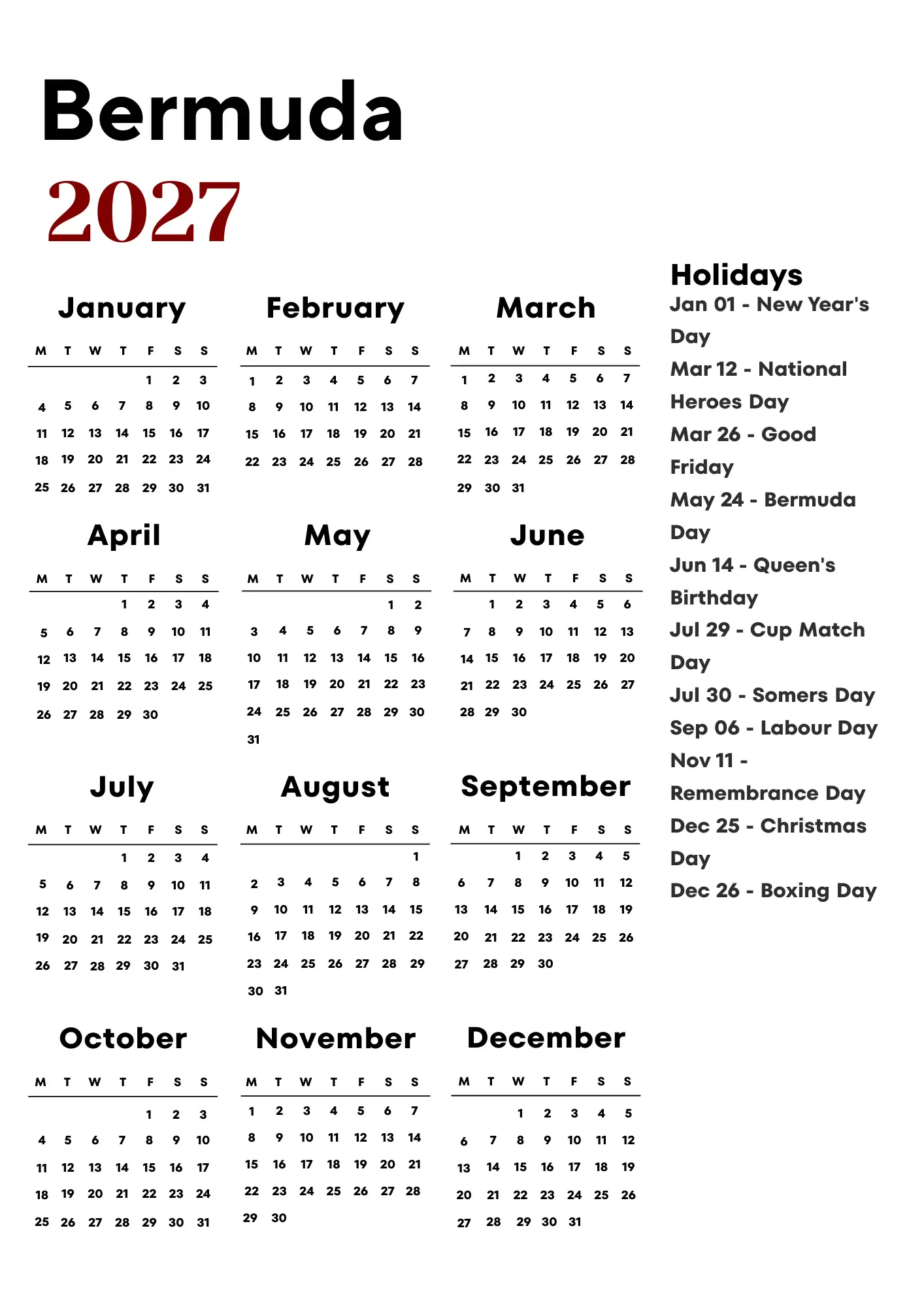 Bermuda Calendar 2027