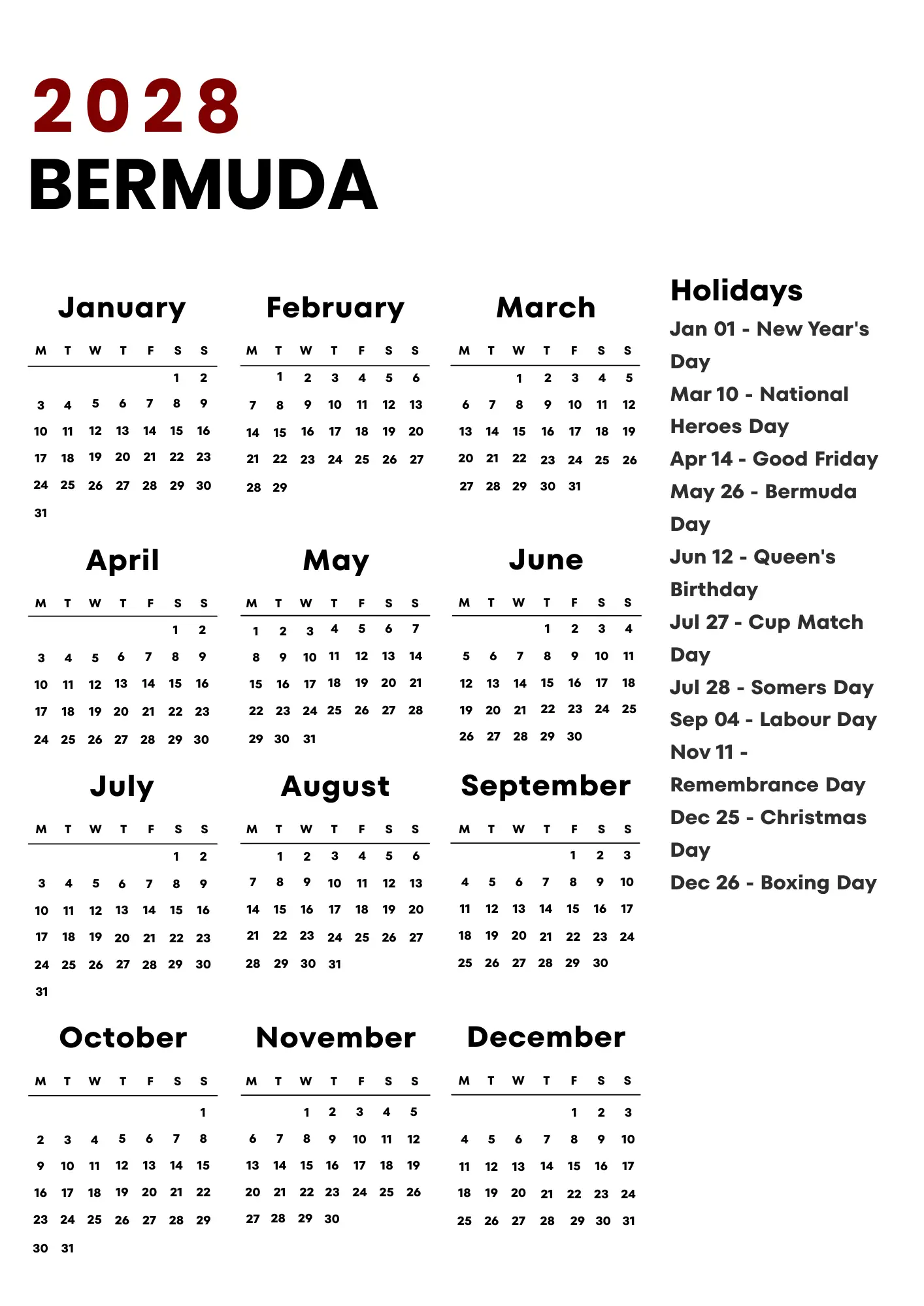 Bermuda Calendar 2028