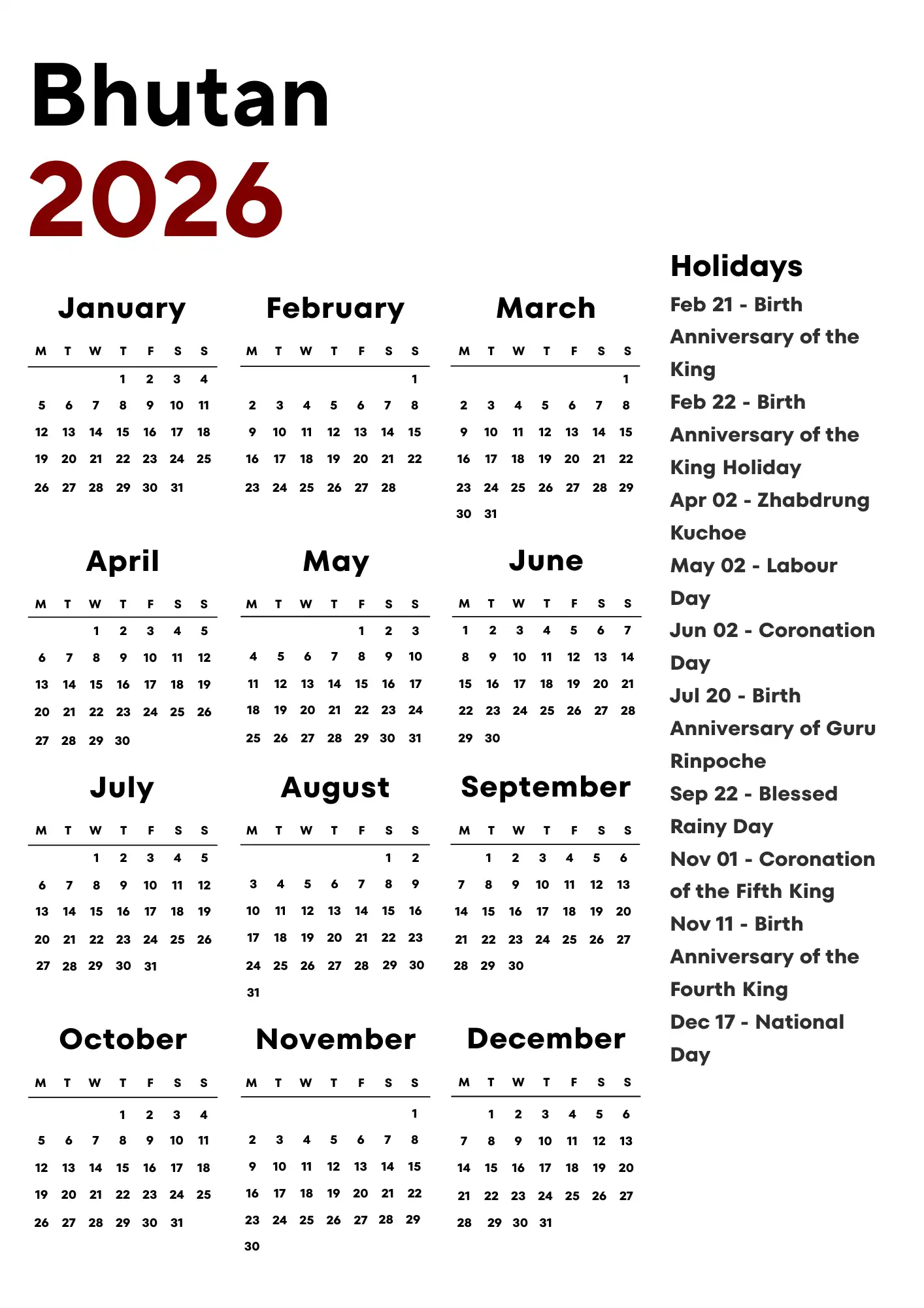 Bhutan Calendar 2026