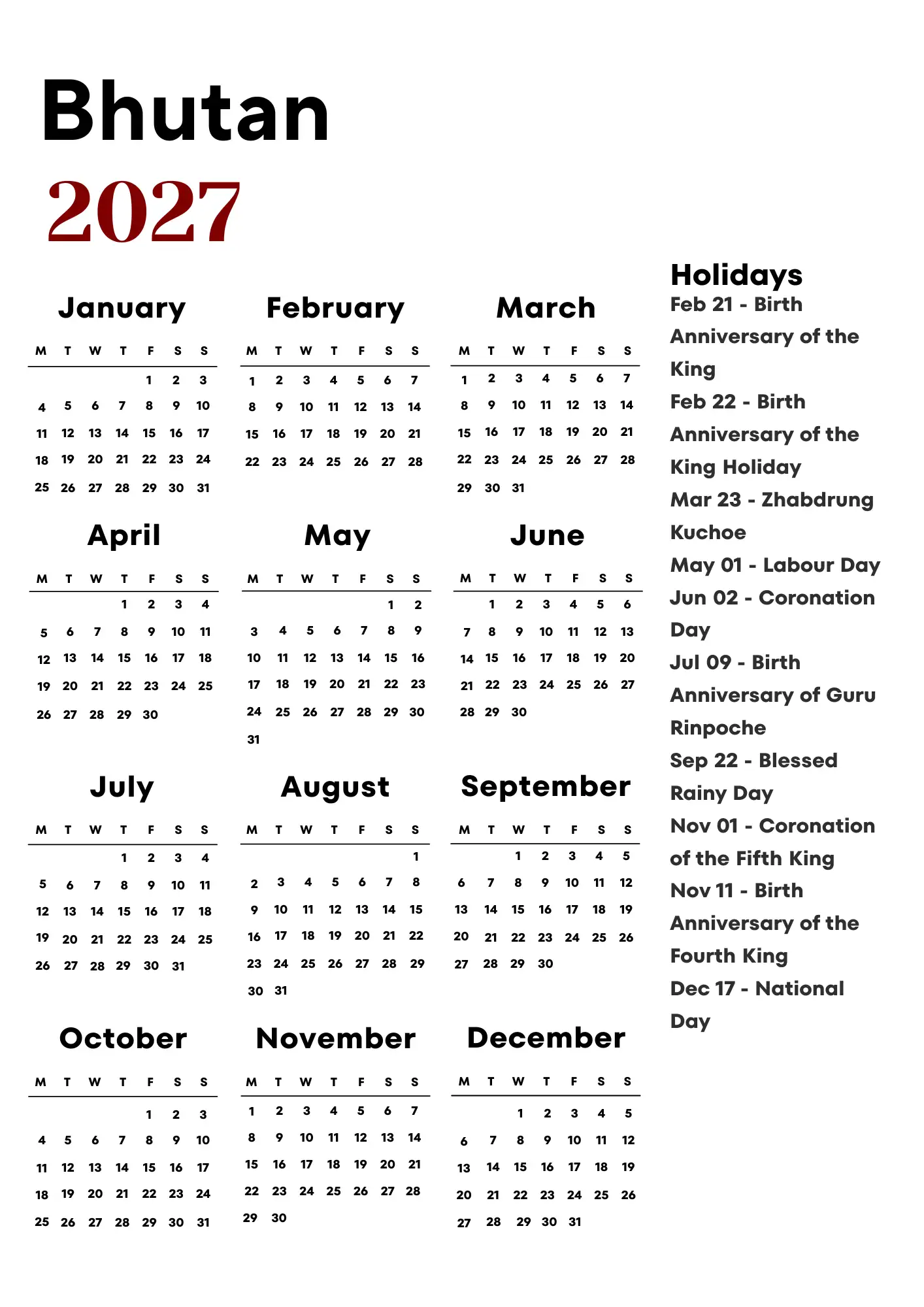 Bhutan Calendar 2027