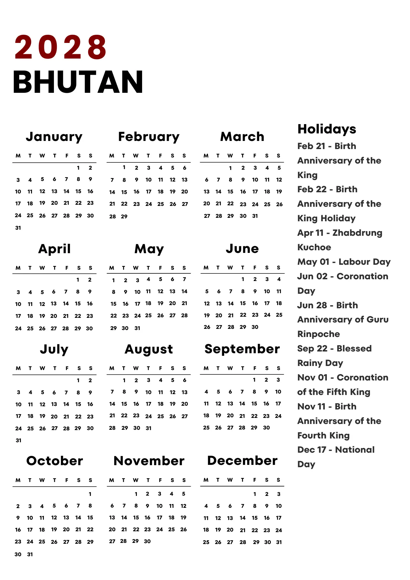 Bhutan Calendar 2028