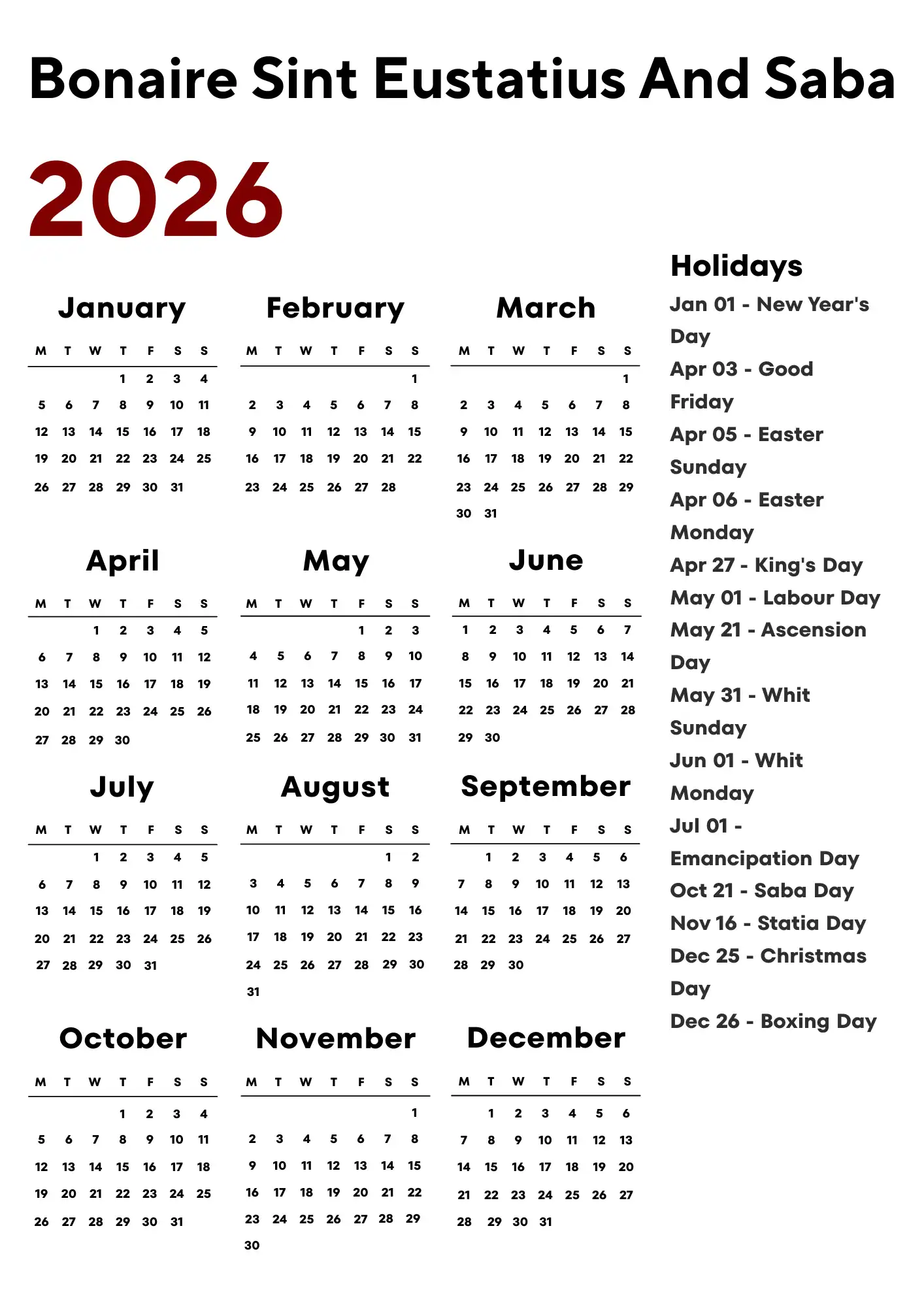 Bonaire Sint Eustatius And Saba Calendar 2026