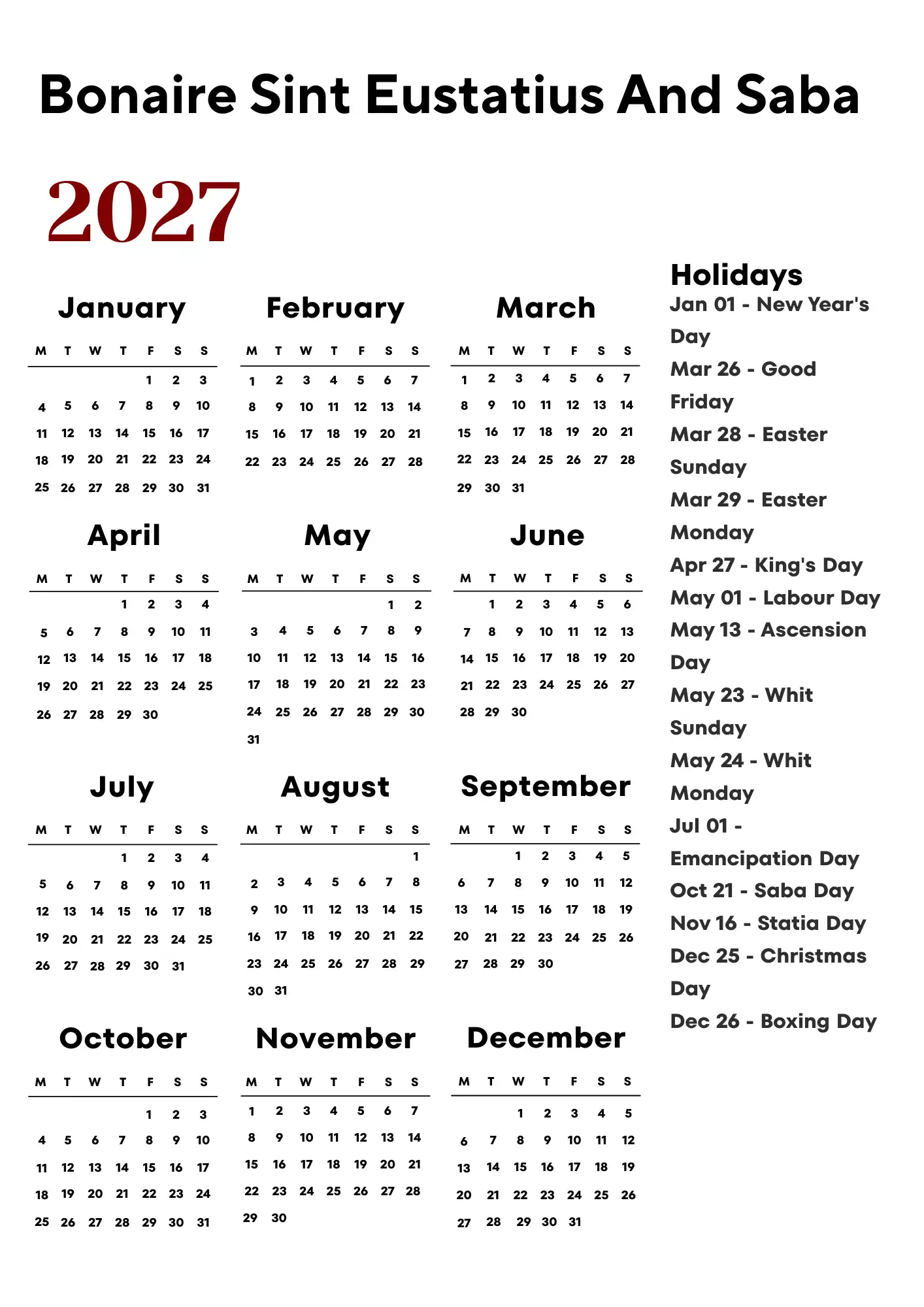 Bonaire Sint Eustatius And Saba Calendar 2027