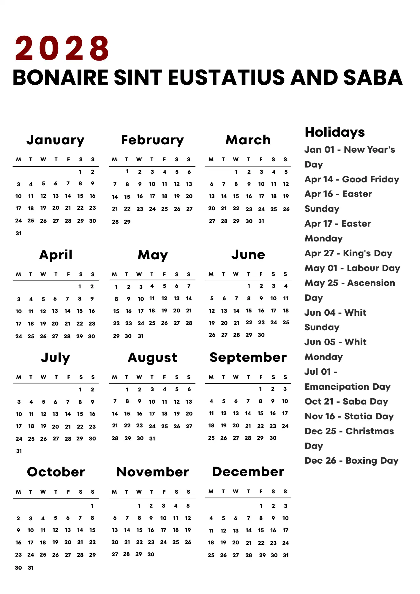 Bonaire Sint Eustatius And Saba Calendar 2028
