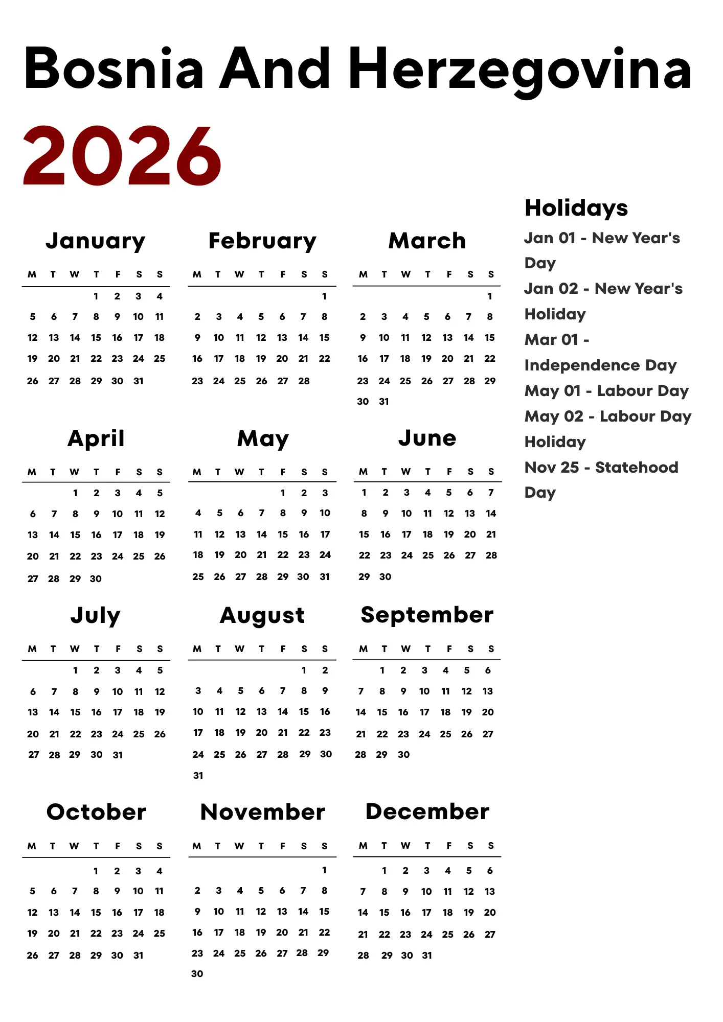 Bosnia And Herzegovina Calendar 2026