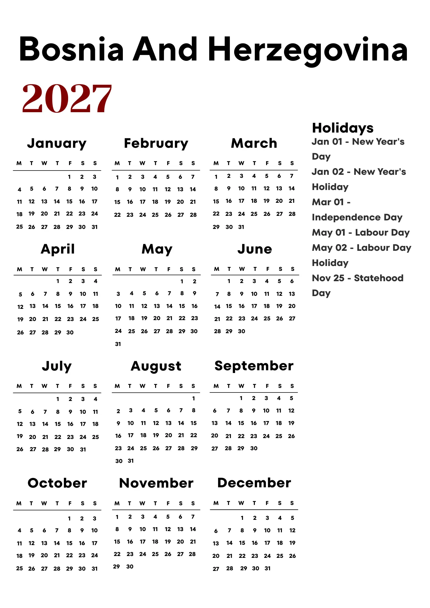 Bosnia And Herzegovina Calendar 2027