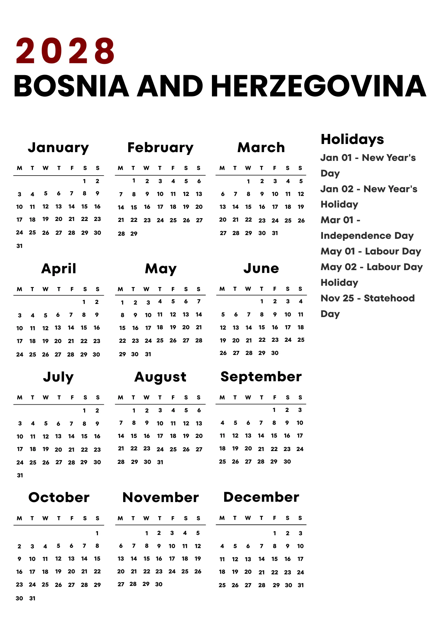 Bosnia And Herzegovina Calendar 2028