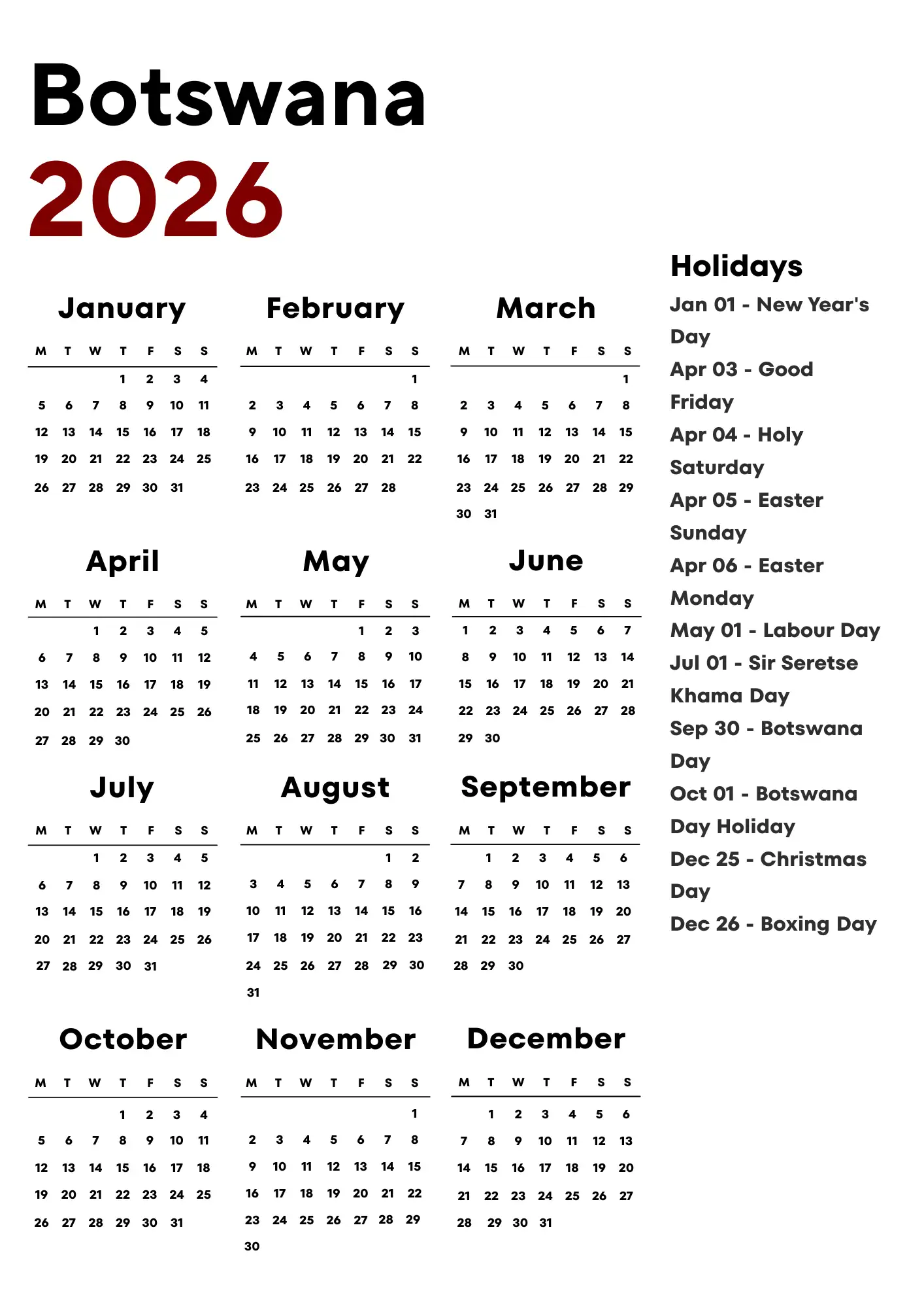 Botswana Calendar 2026