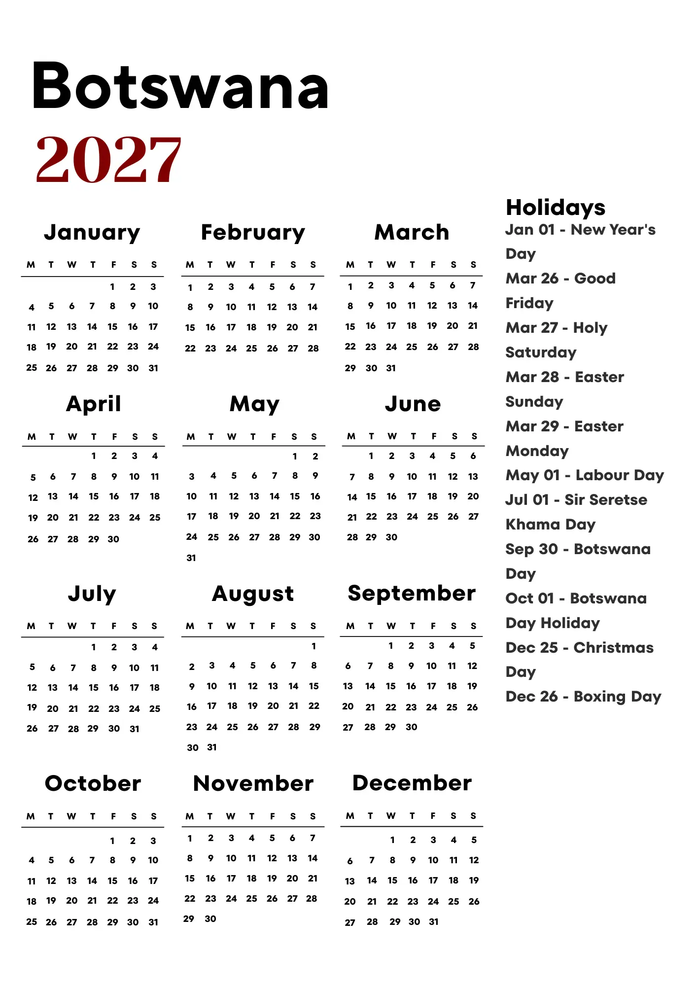 Botswana Calendar 2027