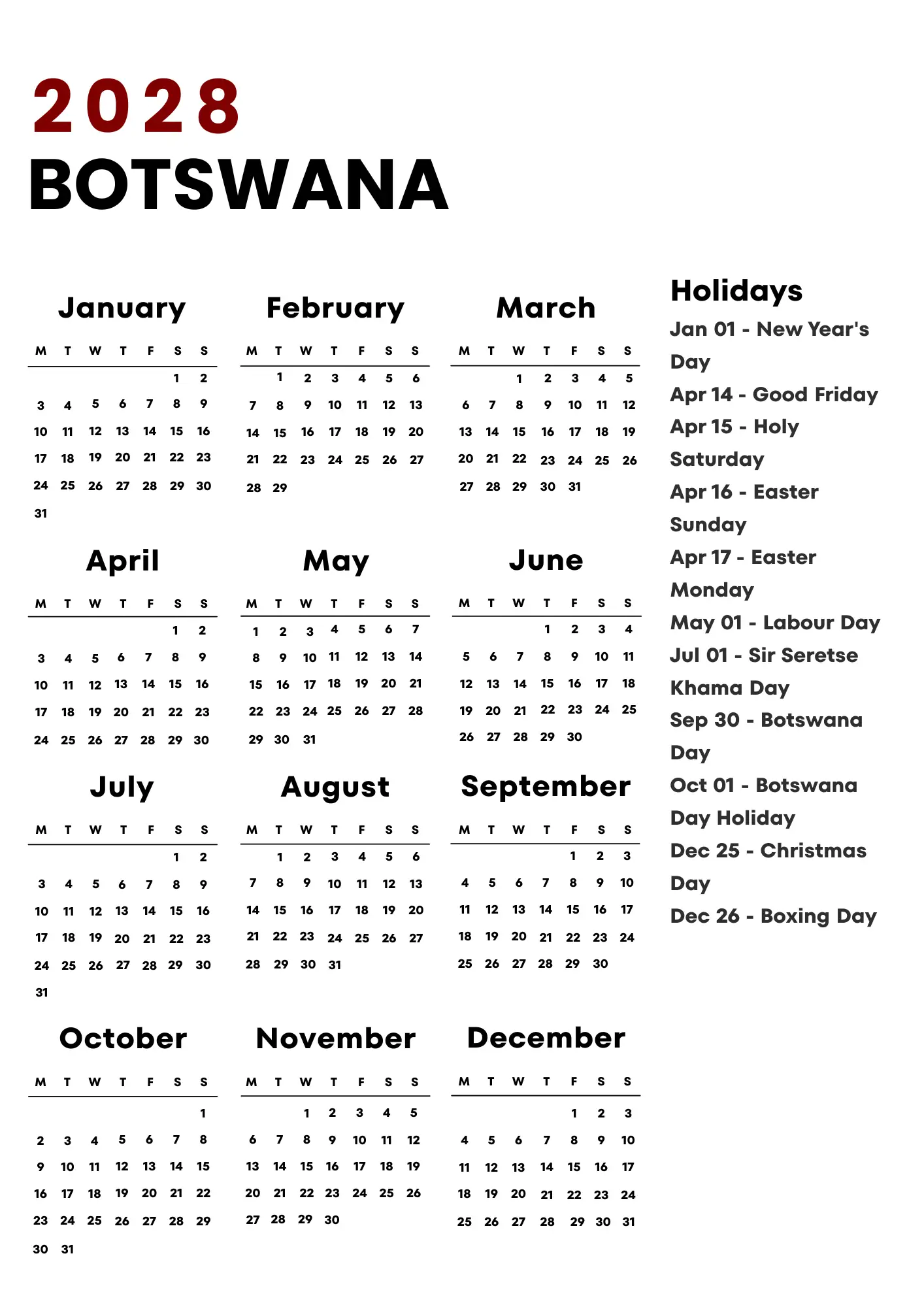 Botswana Calendar 2028