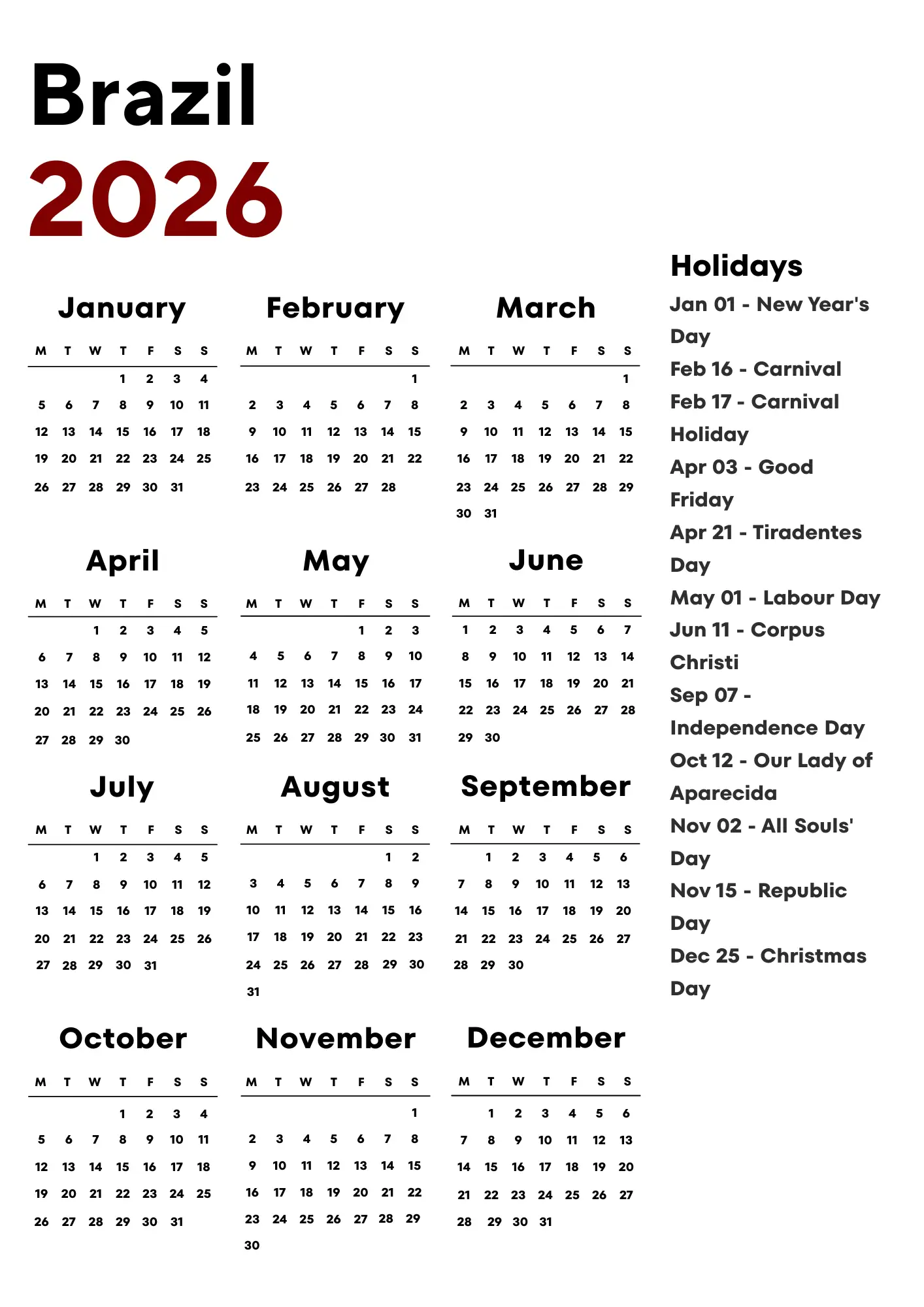 Brazil Calendar 2026