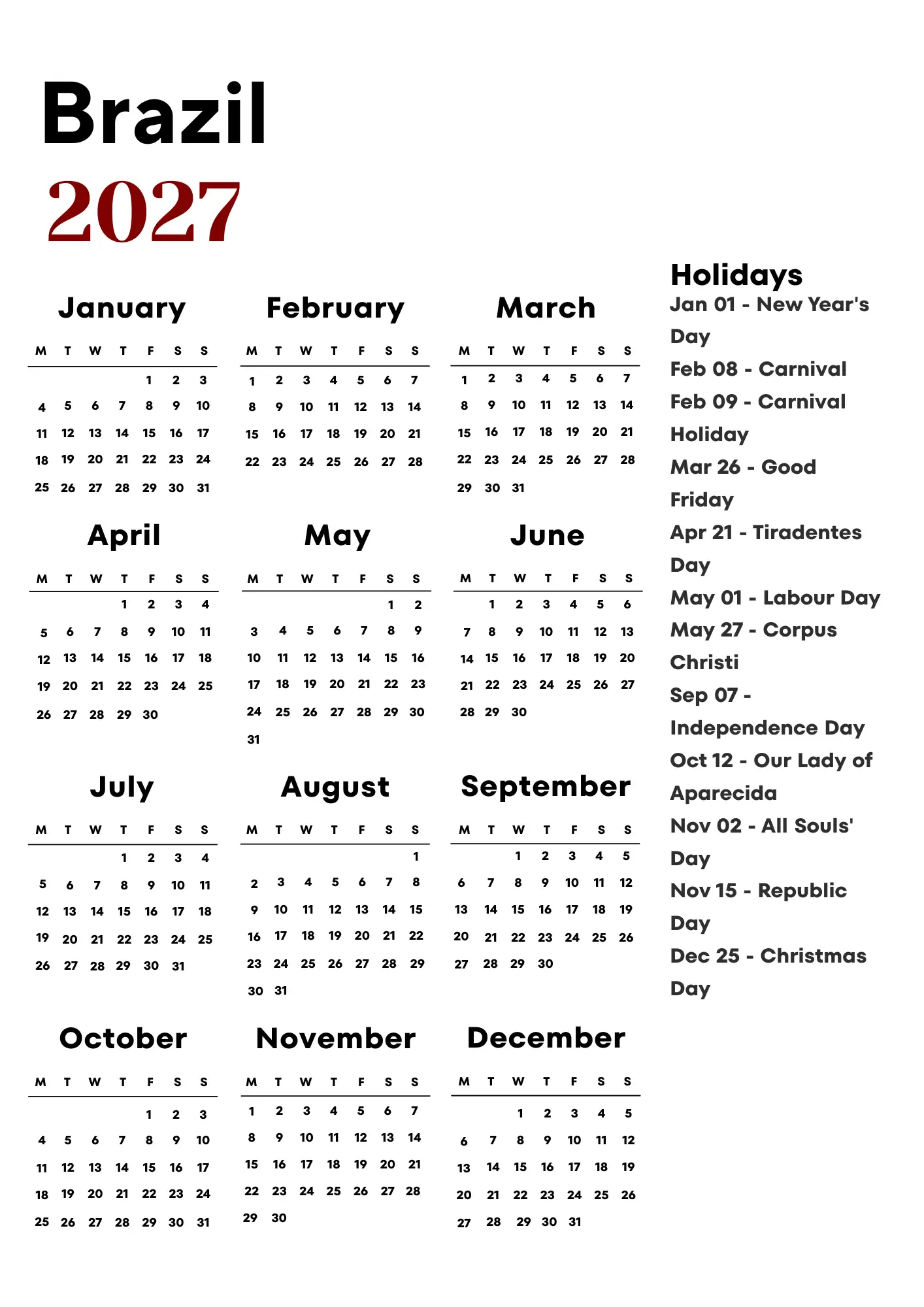 Brazil Calendar 2027