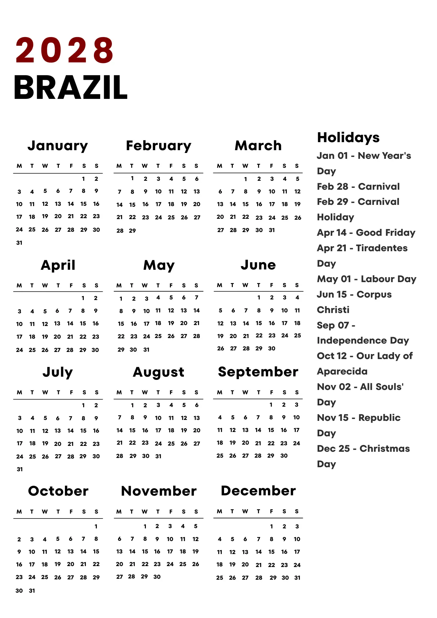 Brazil Calendar 2028