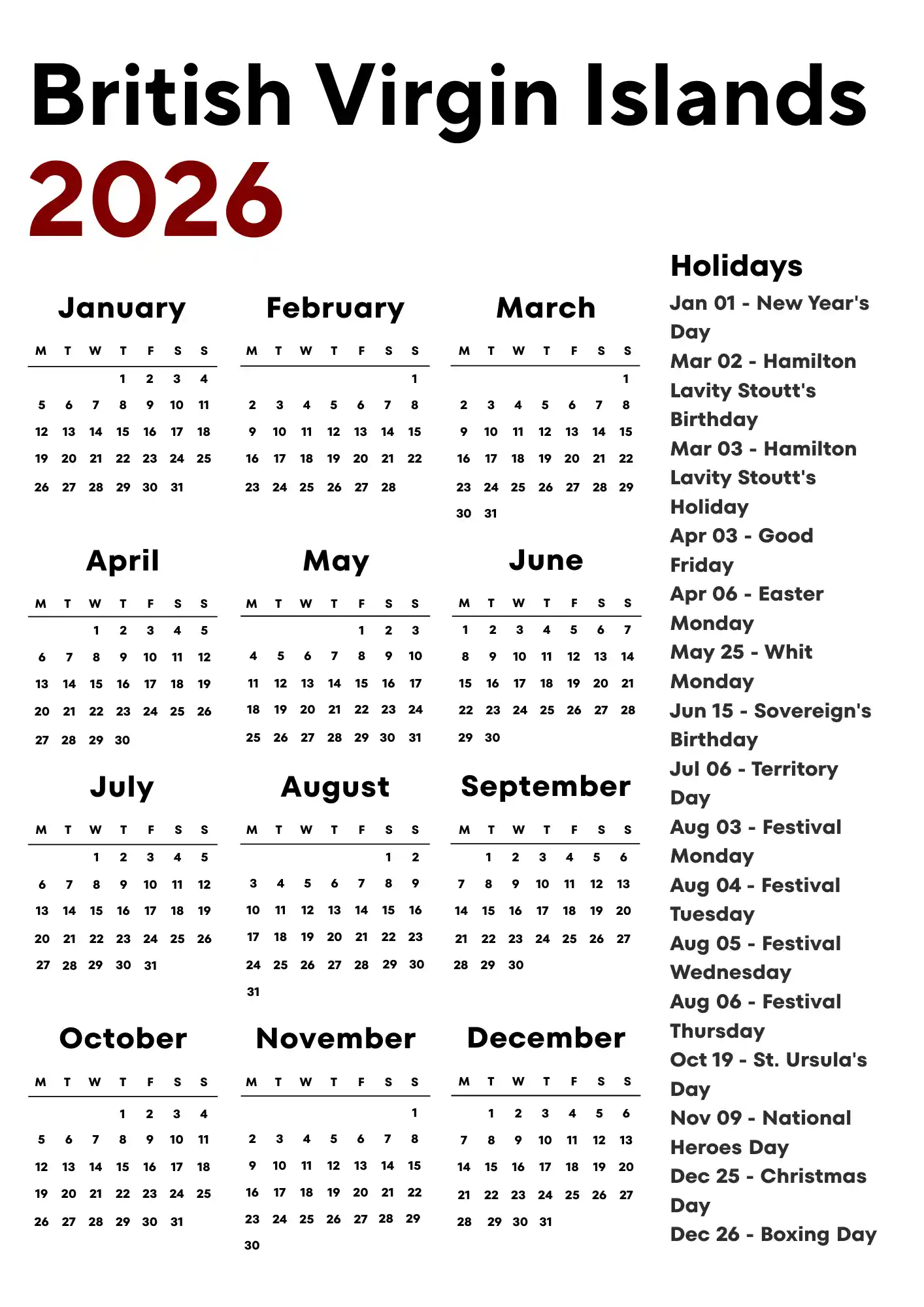 British Virgin Islands Calendar 2026