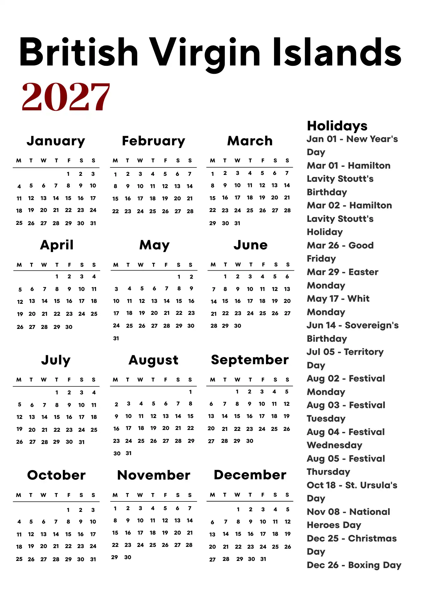 British Virgin Islands Calendar 2027
