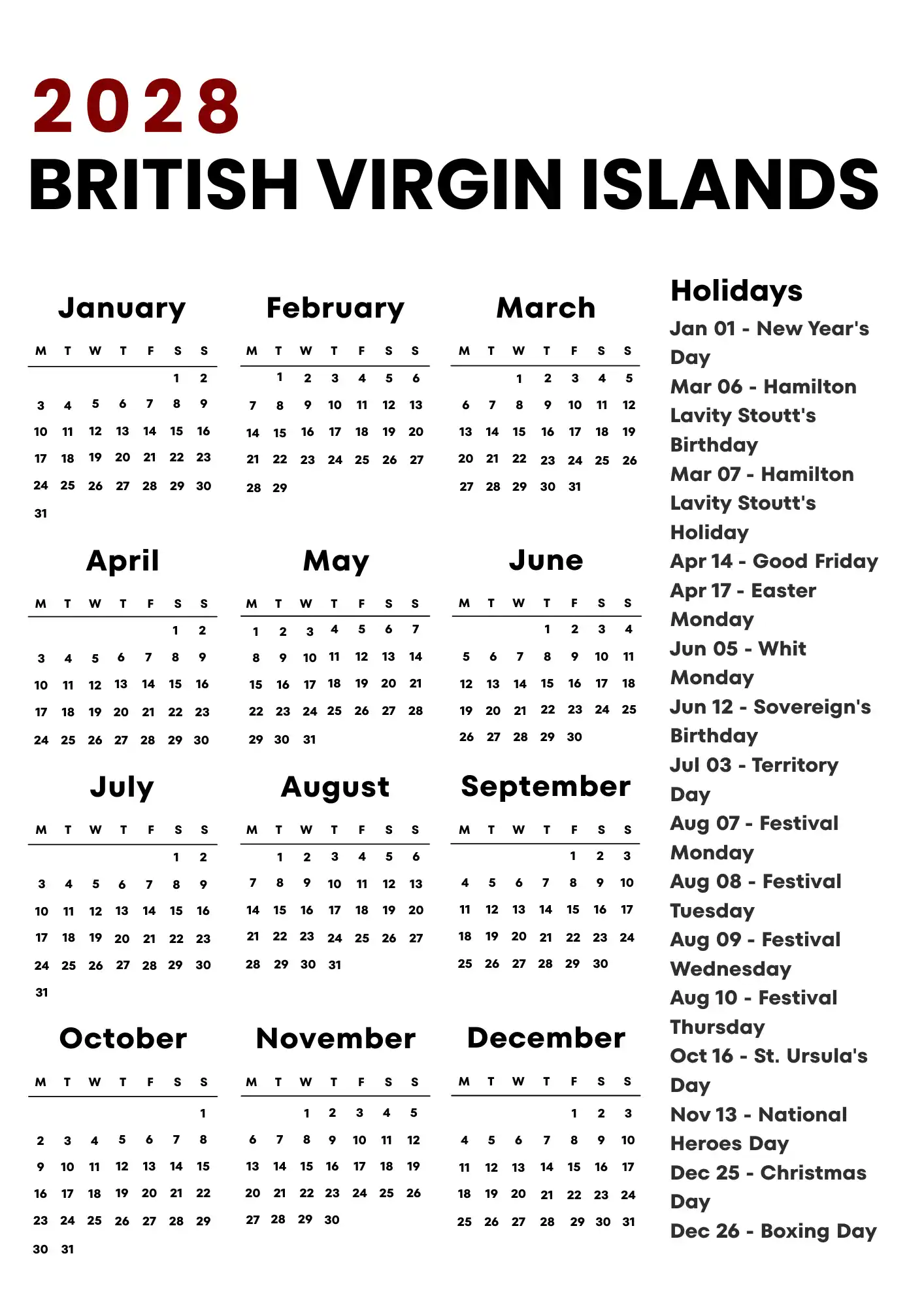 British Virgin Islands Calendar 2028