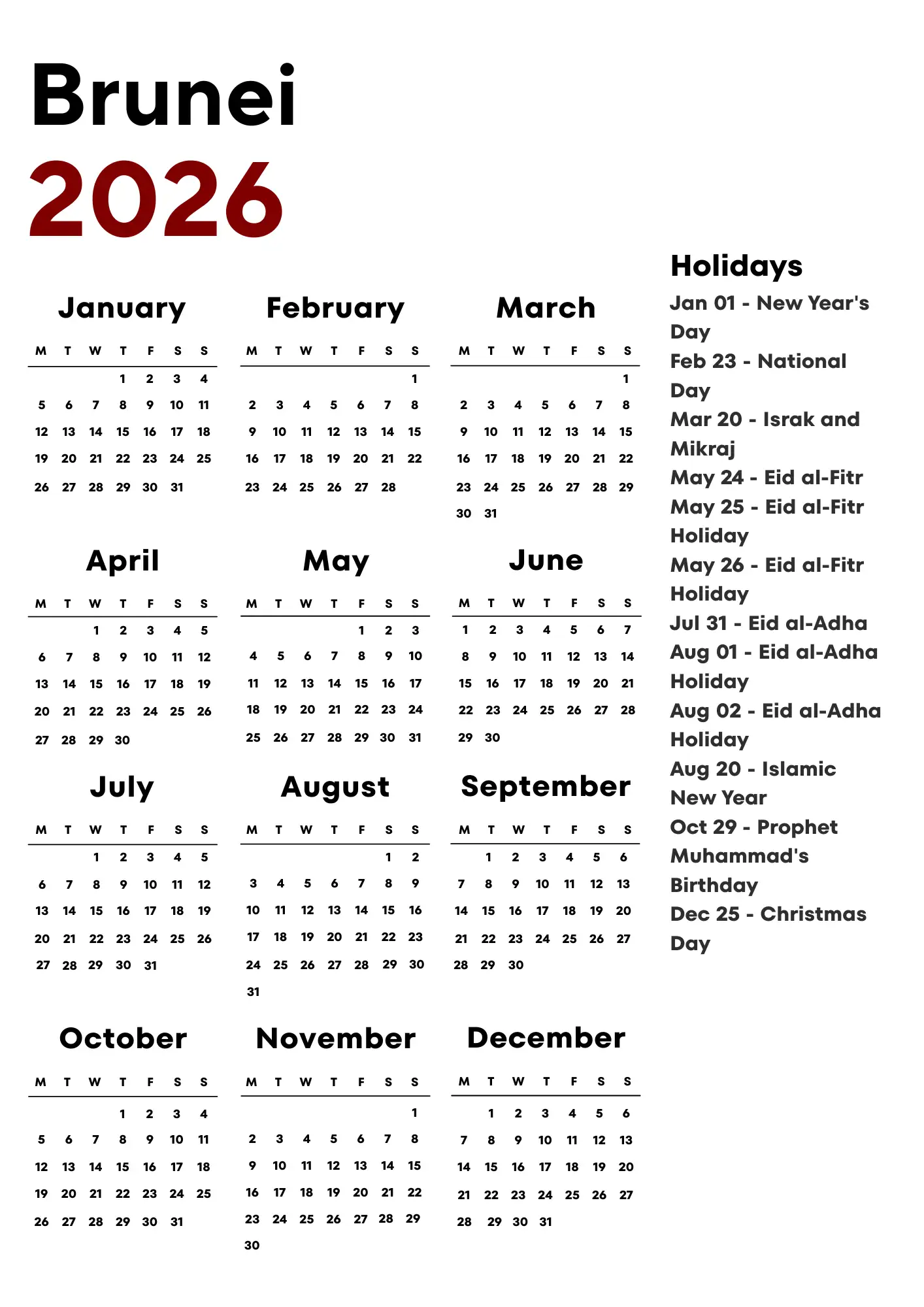Brunei Calendar 2026