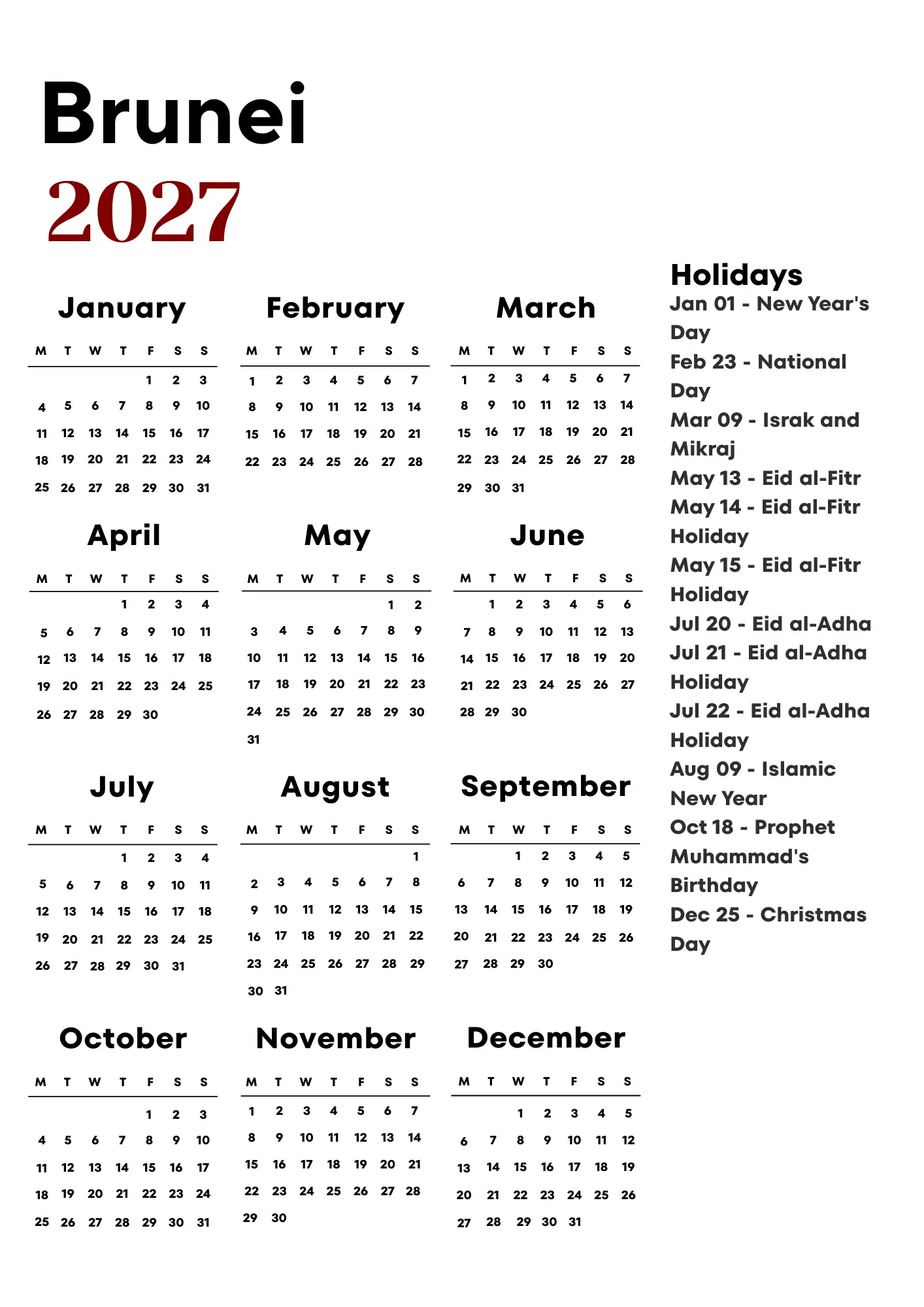 Brunei Calendar 2027