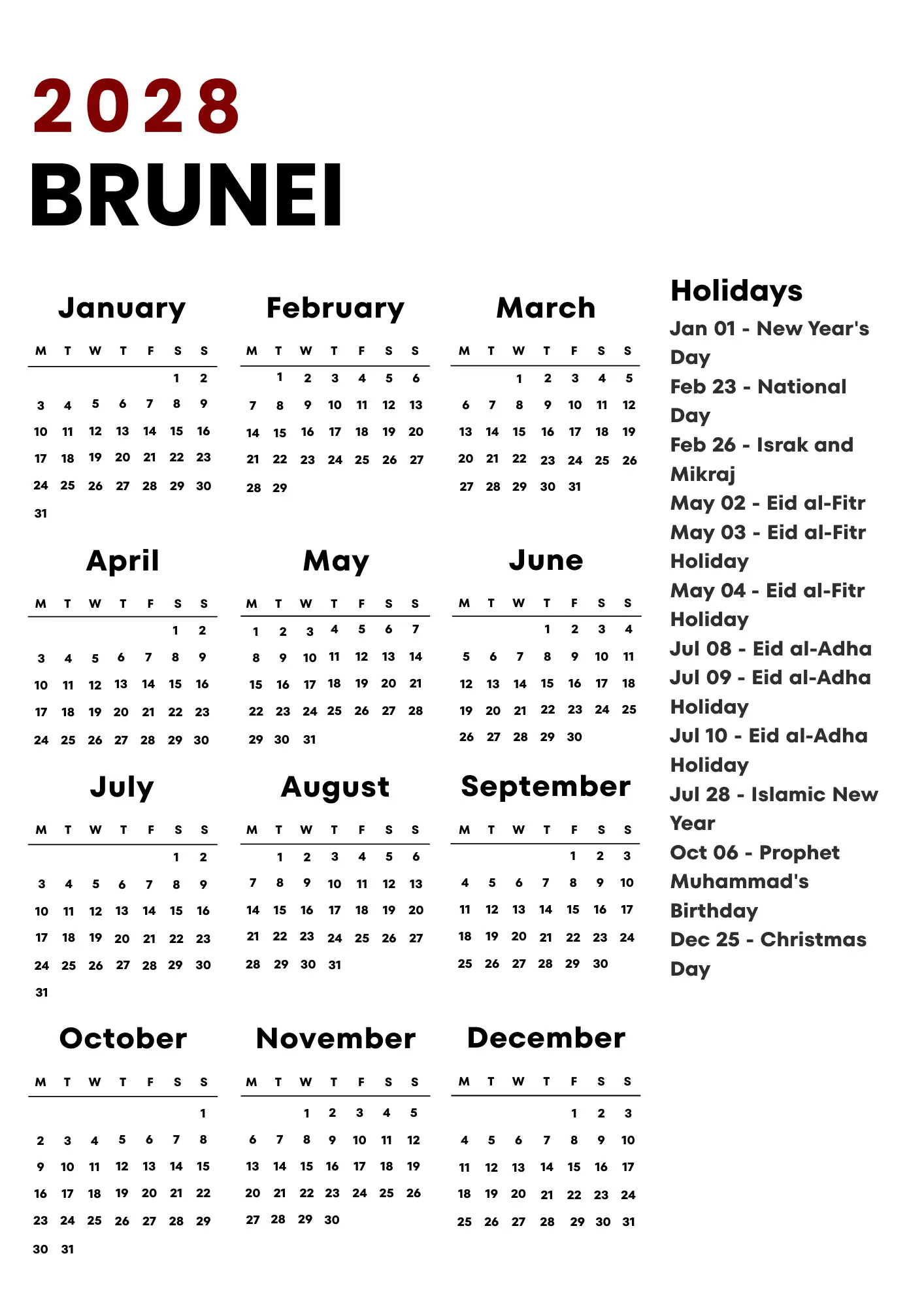 Brunei Calendar 2028