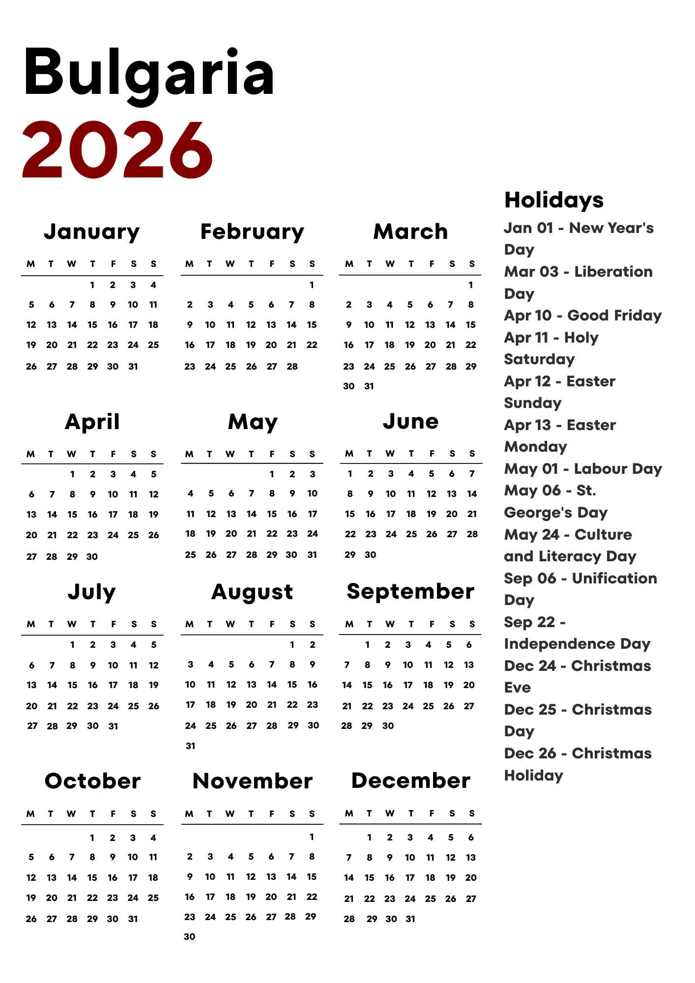 Bulgaria Calendar 2026