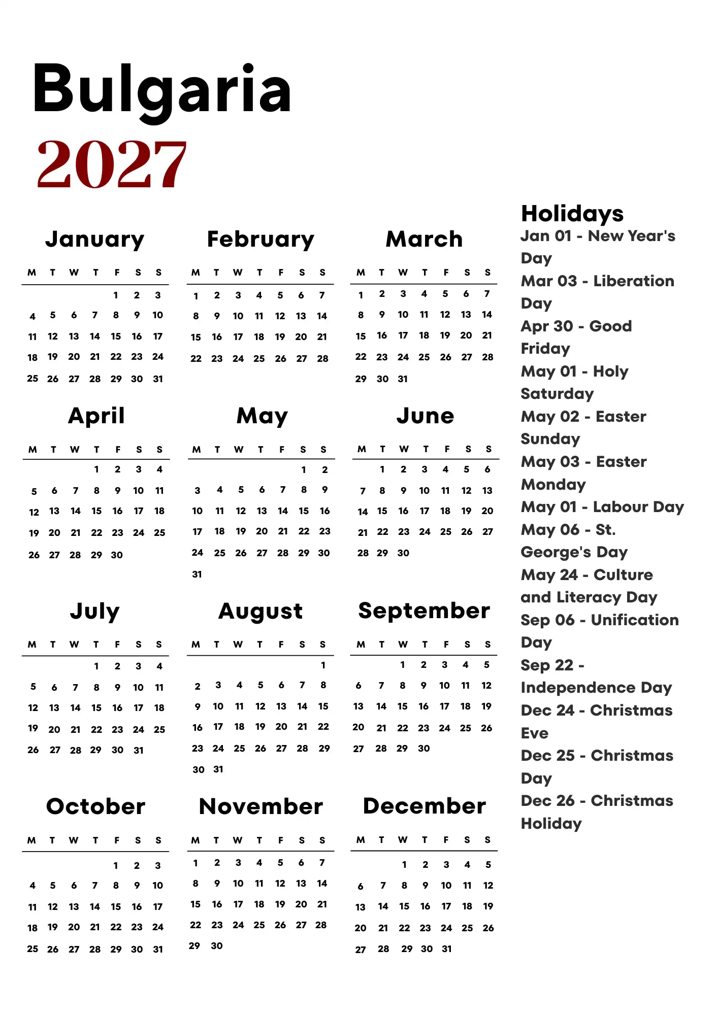 Bulgaria Calendar 2027