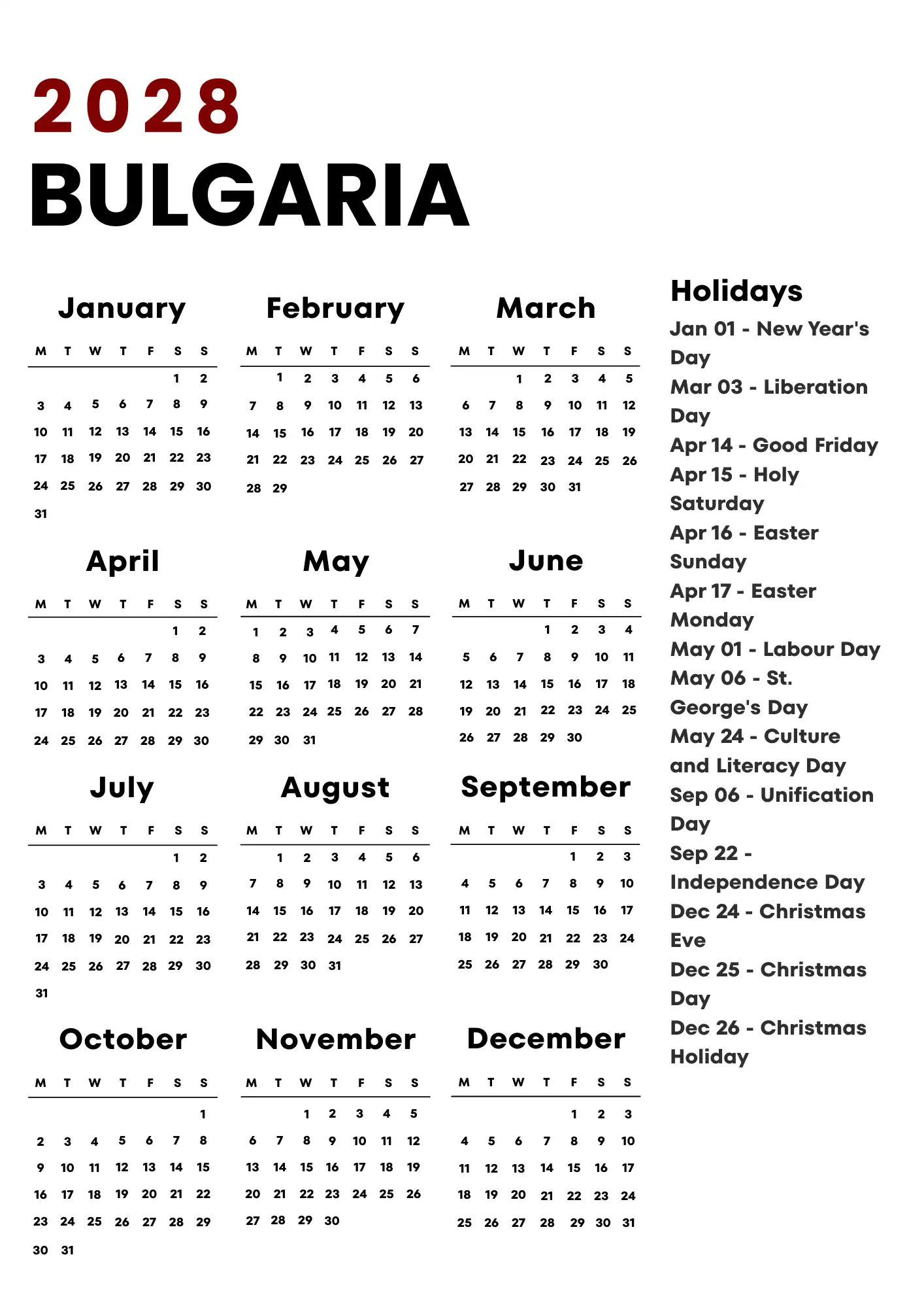 Bulgaria Calendar 2028