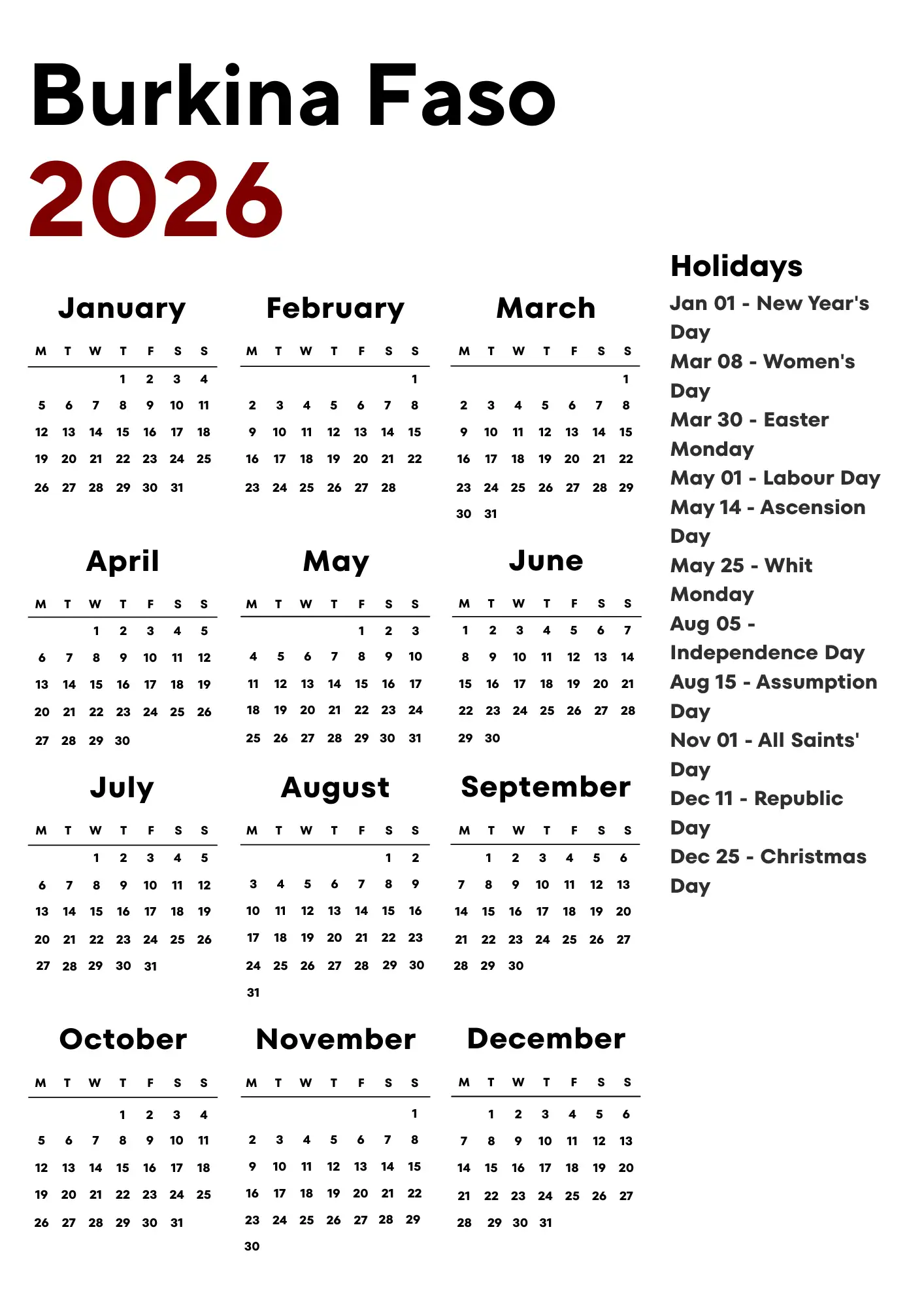 Burkina Faso Calendar 2026