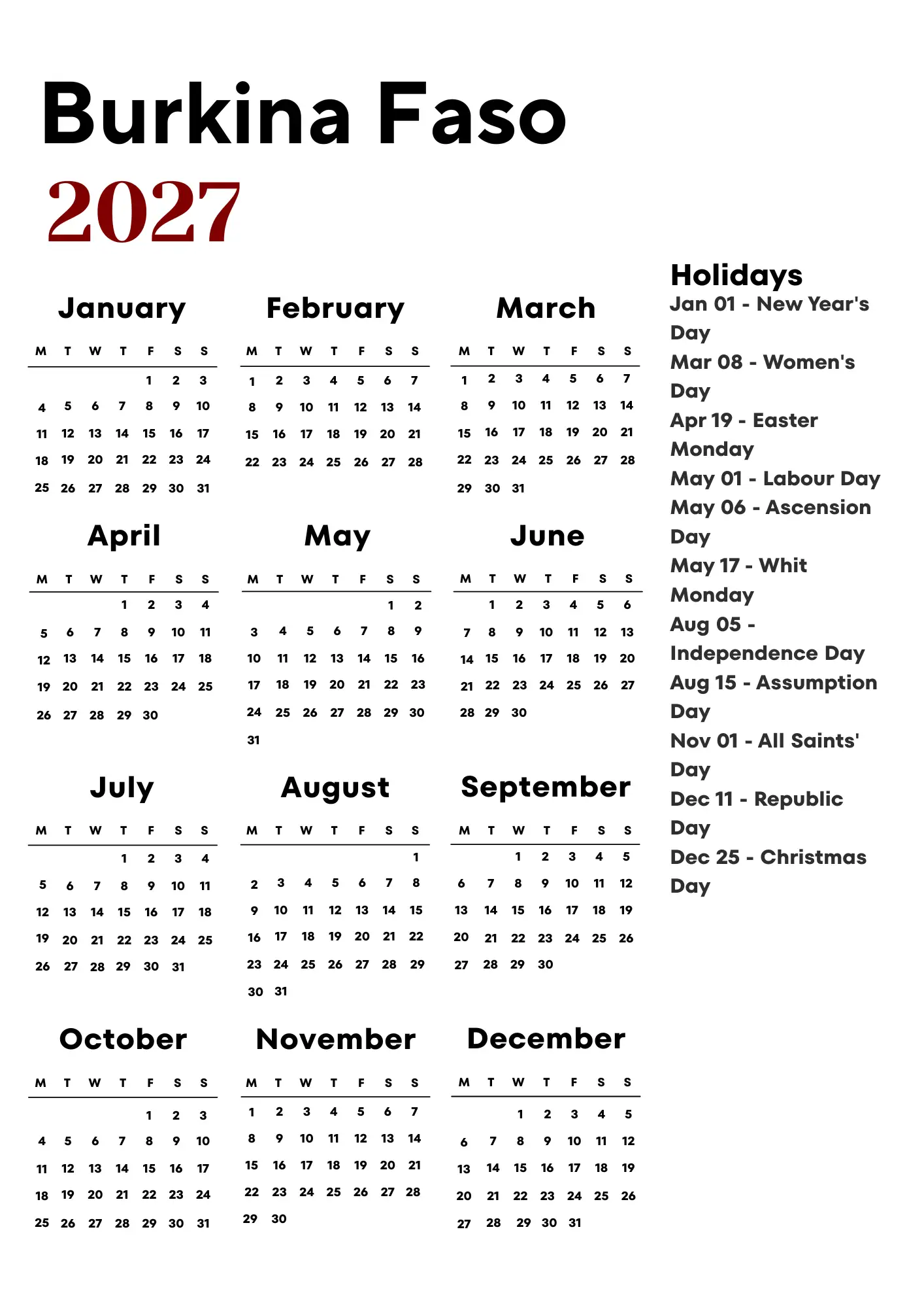 Burkina Faso Calendar 2027