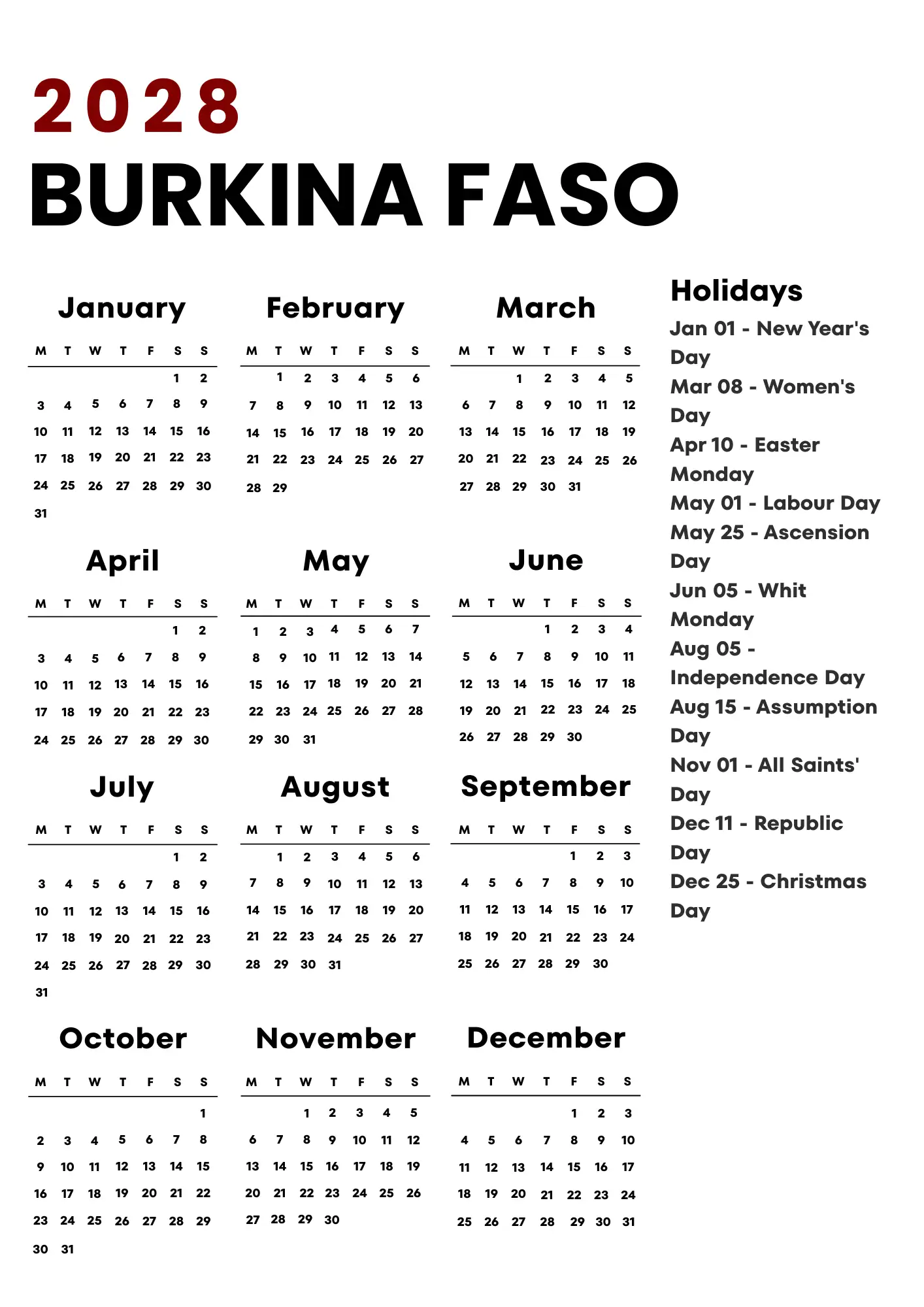 Burkina Faso Calendar 2028